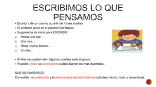  Escritura de un cuento a partir de frases sueltas
 El profesor pone en el pizarrón las frases.
 Sugerencia de inicio para ESCRIBIR:

a)
b)
c)
d)

Había una vez…
Una vez…
Hace mucho tiempo…
Un día…

 Al final se pueden leer algunos cuentos ante el grupo.
 Pueden opinar se expresando cuáles fueron los más divertidos .

QUE SE FAVORECE:
Consolidan su redacción y la estructura al escribir historias (planteamiento, nudo y desenlace).

 