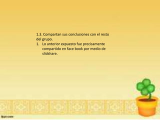 1.3. Compartan sus conclusiones con el resto
del grupo.
1. Lo anterior expuesto fue precisamente
    compartido en face book por medio de
    slidshare.
 