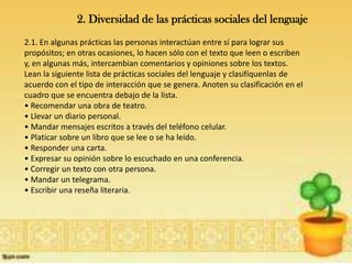 2. Diversidad de las prácticas sociales del lenguaje
2.1. En algunas prácticas las personas interactúan entre sí para lograr sus
propósitos; en otras ocasiones, lo hacen sólo con el texto que leen o escriben
y, en algunas más, intercambian comentarios y opiniones sobre los textos.
Lean la siguiente lista de prácticas sociales del lenguaje y clasifíquenlas de
acuerdo con el tipo de interacción que se genera. Anoten su clasificación en el
cuadro que se encuentra debajo de la lista.
• Recomendar una obra de teatro.
• Llevar un diario personal.
• Mandar mensajes escritos a través del teléfono celular.
• Platicar sobre un libro que se lee o se ha leído.
• Responder una carta.
• Expresar su opinión sobre lo escuchado en una conferencia.
• Corregir un texto con otra persona.
• Mandar un telegrama.
• Escribir una reseña literaria.
 