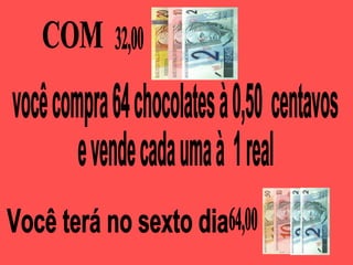 COM  você compra 64 chocolates à 0,50  centavos e vende cada uma à  1 real 32,00 Você terá no sexto dia  64,00 