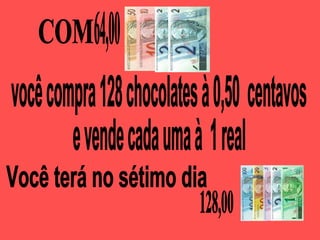 COM  você compra 128 chocolates à 0,50  centavos e vende cada uma à  1 real 64,00 Você terá no sétimo dia  128,00 