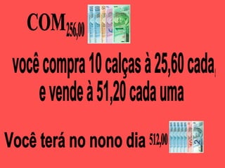 COM  você compra 10 calças à 25,60 cada,  e vende à 51,20 cada uma 256,00 Você terá no nono dia  512,00 