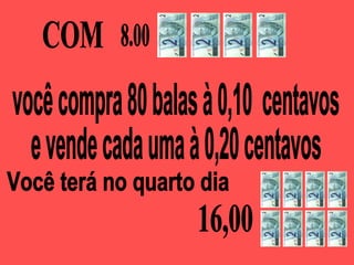 COM  você compra 80 balas à 0,10  centavos e vende cada uma à 0,20 centavos 8.00 Você terá no quarto dia  16,00 