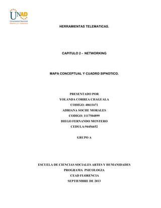 HERRAMIENTAS TELEMATICAS.

CAPITULO 2 - NETWORKING

MAPA CONCEPTUAL Y CUADRO SIPNOTICO.

PRESENTADO POR
YOLANDA CORREA CHAGUALA
CODIGO: 40611671
ADRIANA SOCHE MORALES
CODIGO: 1117504899
DIEGO FERNANDO MONTERO
CEDULA:94456652

GRUPO A

ESCUELA DE CIENCIAS SOCIALES ARTES Y HUMANIDADES
PROGRAMA PSICOLOGIA
CEAD FLORENCIA
SEPTIEMBRE DE 2013

 