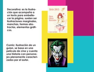 Decorativa: es la ilustra-
ción que acompaña a
un texto para embelle-
cer la página, suelen ser
ilustraciones marginales,
manchas, formas abs-
tractas, elementos gráfi-
cos.
Comic: ilustración de un
guion, se basa en una
película de cine y cuenta
una historia con persona-
jes plenamente caracteri-
zados por el autor.
 