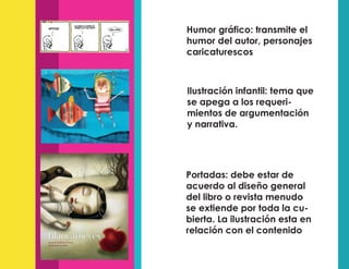 Humor gráfico: transmite el
humor del autor, personajes
caricaturescos
Ilustración infantil: tema que
se apega a los requeri-
mientos de argumentación
y narrativa.
Portadas: debe estar de
acuerdo al diseño general
del libro o revista menudo
se extiende por toda la cu-
bierta. La ilustración esta en
relación con el contenido
 