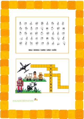 colagem ou escrita de palavras referentes ao que foi lido. Na comunidade surda, há muitos livros
readaptados de acordo com os símbolos e valores culturais e linguísticos dos surdos, é o que se
denomina literatura surda. Propõe-se que sempre parta da leitura de mundo dos surdos, isto é, do que
a comunidade surda construiu ao longo do tempo ou do que adaptou para a sua realidade, e somente
posteriormente possa ser introduzido textos do mundo ouvinte. O dominó com imagens e letras também
pode ser utilizado para a leitura, assim como, atividades sinalizadas ou escritas para compreender o
texto.
4 – ESCRITA VISUAL – A produção de textos é atividade rotineira da educação, mas não deve se
tornar cansativa. Carece sempre partir de atividades sociointerativas e interlocutivas, principalmente
quando se está falando de aprendizagem de uma segunda língua. O aluno(a) precisa compreender e
reconhecer a função da escrita, especialmente quando o mesmo tem que escrever. Para quem? E
porquê? Qual a necessidade de aprender uma segunda língua? No processo de escrita, os estudantes
devem ser incentivados a fazerem listas com os nomes dos colegas da sala, por exemplo e refletirem
sobre as letras ou partes dos nomes. Quais começam com a mesma letra? Quais tem a mesma
quantidade de letras? Ou escreverem os nomes de objetos que aparecem em imagens que partam do
seu interesse. Além disso, o professor poderá utilizar alfabetos móveis para que os alunos escrevam
palavras ou nomes dos colegas ou nomes dos brinquedos, etc. Em seguida, pedir que passem as
palavras formadas para o caderno ou dicionário. Outra forma de incentivar a escrita é a utilização de
palavras cruzadas, que podem partir de imagens, alfabeto manual ou língua portuguesa.
 