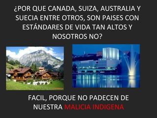 ¿POR QUE CANADA, SUIZA, AUSTRALIA Y SUECIA ENTRE OTROS, SON PAISES CON ESTÁNDARES DE VIDA TAN ALTOS Y NOSOTROS NO? FACIL, PORQUE NO PADECEN DE NUESTRA  MALICIA INDIGENA 