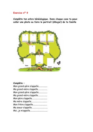 Exercice nº 9
Complète ton arbre bénéalogique. Dans chaque case tu peux
coller une photo ou faire le portrait (dibujar) de ta famille
Complète :
Mon grand-père s’appelle................
Ma grand-mère s’appelle.................
Mon grand-père s’appelle................
Ma grand-mère s’appelle.................
Mon père s’appelle............................
Ma mère s’appelle.............................
Mon frère s’appelle..........................
Ma soeur s’appelle.............................
Moi, je m’appelle................................
 