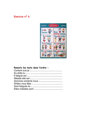 Exercice nº 6
Remets les mots dans l’ordre :
Content suis je :.................................................
Es drôle tu :........................................................
Il fatigué est :......................................................
Malade elle est :.................................................
Sommes contents nous :....................................
Drôles vous êtes :...............................................
Sont fatigués ils :.................................................
Elles malades sont :............................................
 