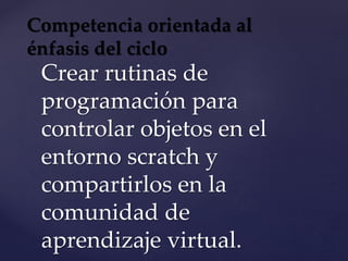 Crear rutinas de
programación para
controlar objetos en el
entorno scratch y
compartirlos en la
comunidad de
aprendizaje virtual.
Competencia orientada al
énfasis del ciclo