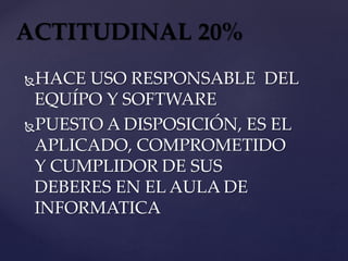 HACE USO RESPONSABLE DEL
EQUÍPO Y SOFTWARE
PUESTO A DISPOSICIÓN, ES EL
APLICADO, COMPROMETIDO
Y CUMPLIDOR DE SUS
DEBERES EN EL AULA DE
INFORMATICA
ACTITUDINAL 20%