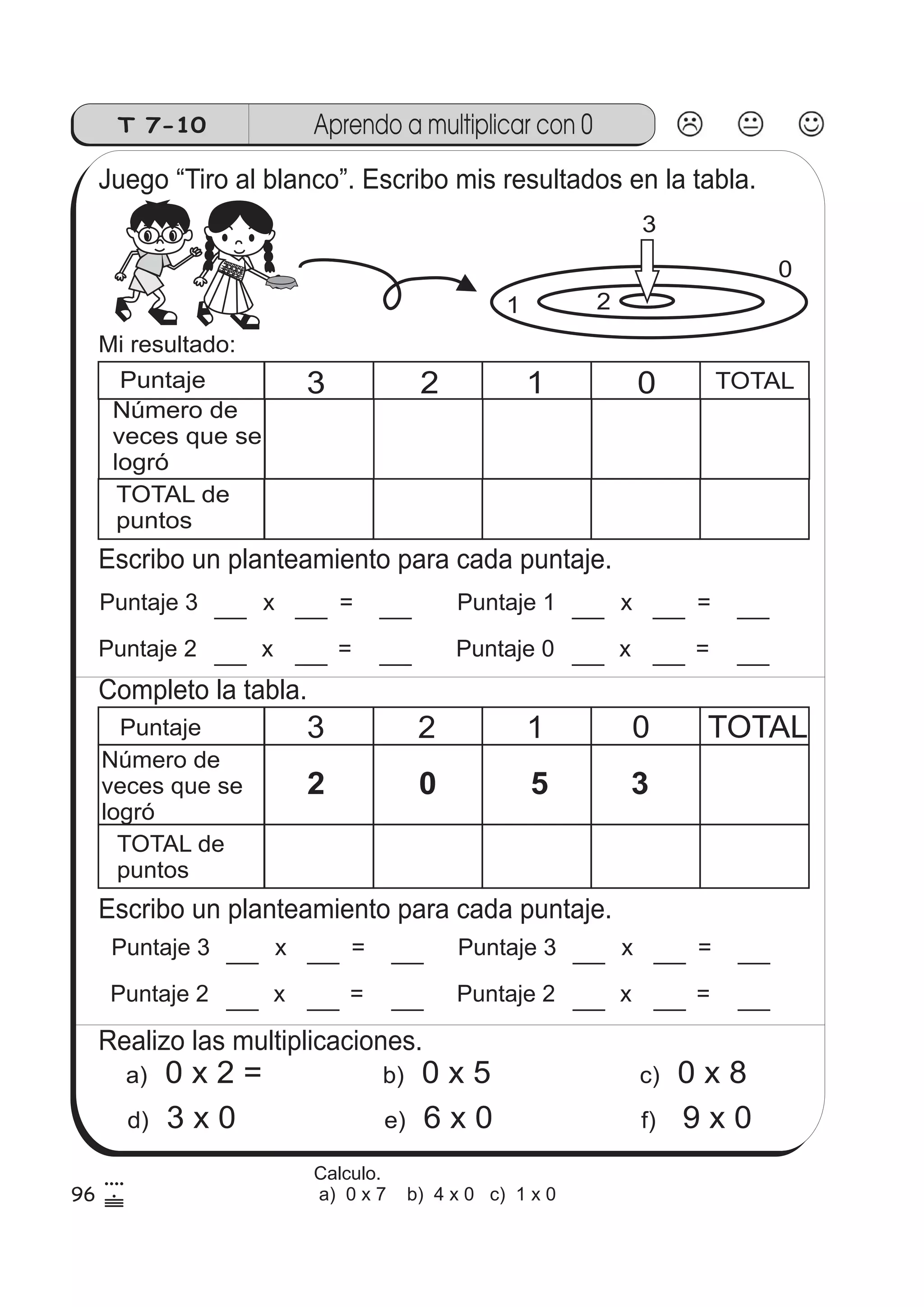 T 7-10 Aprendo a multiplicar con 0 
Juego “Tiro al blanco”. Escribo mis resultados en la tabla. 
Mi resultado: 
1 2 
Puntaje 3 2 1 0 TOTAL 
Número de 
veces que se 
logró 
TOTAL de 
puntos 
Escribo un planteamiento para cada puntaje. 
Puntaje 3 x = 
Puntaje 2 x = 
Completo la tabla. 
Puntaje 1 x = 
Puntaje 0 x = 
Puntaje 3 2 1 0 TOTAL 
Número de 
veces que se 
2 0 5 3 
logró 
TOTAL de 
puntos 
Escribo un planteamiento para cada puntaje. 
0 
3 
Puntaje 3 x = 
Puntaje 2 x = 
Realizo las multiplicaciones. 
Puntaje 3 x = 
Puntaje 2 x = 
a) 0 x 2 = b) 0 x 5 c) 0 x 8 
d) 3 x 0 e) 6 x 0 f) 9 x 0 
96 4 
 
Calculo. 
a) 0 x 7 b) 4 x 0 c) 1 x 0 
 