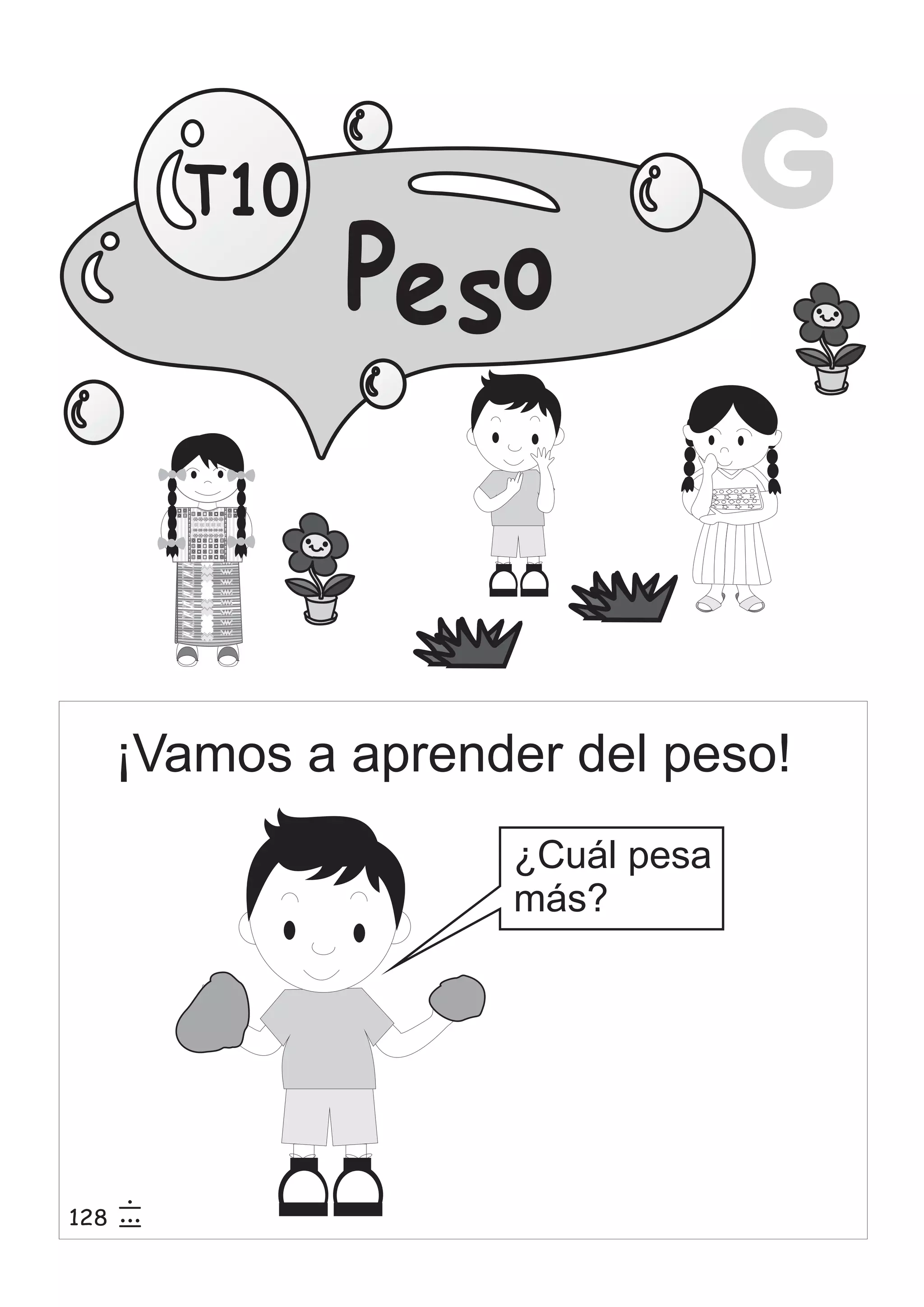 G 
Pe so 
T10 
¡Vamos a aprender del peso! 
¿Cuál pesa 
más? 
128 
15 
53 
 
