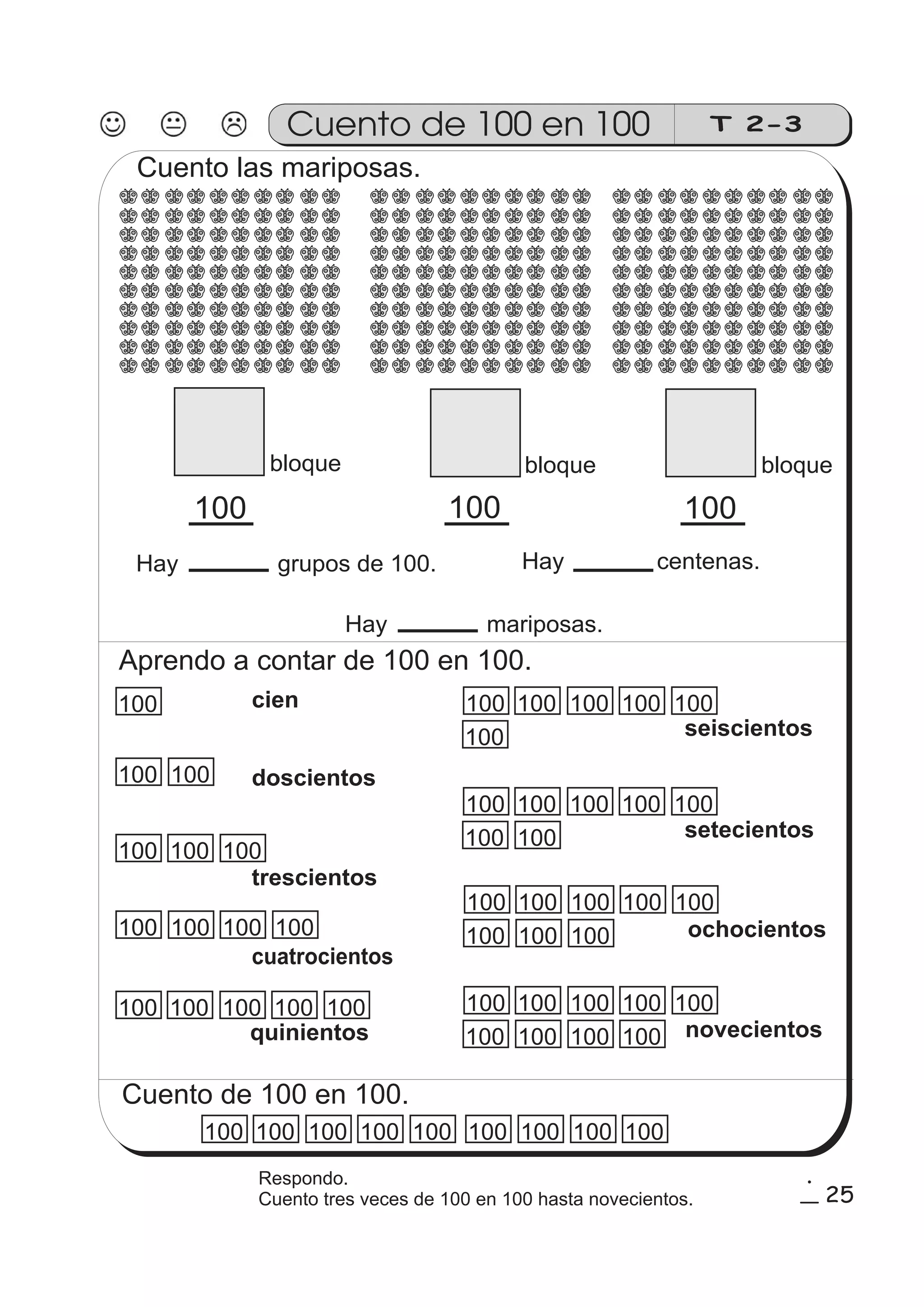 Cuento de 100 en 100 T 2-3 
Cuento las mariposas. 
bloque bloque bloque 
100 100 100 
Hay grupos de 100. 
Hay centenas. 
Hay mariposas. 
Aprendo a contar de 100 en 100. 
100 
100 100 
100 100 100 100 100 
100 
100 100 100 100 100 
100 100 100 
cien 
doscientos 
100 100 100 
100 100 100 100 100 
100 100 
trescientos 
100 100 100 100 
cuatrocientos 
100 100 100 100 100 
quinientos 
setecientos 
ochocientos 
Cuento de 100 en 100. 
seiscientos 
100 100 100 100 
100 
100 
100 100 100 novecientos 
100 100 100 100 100 100 100 100 100 
1 
25 5 
Respondo. 
Cuento tres veces de 100 en 100 hasta novecientos. 
 
