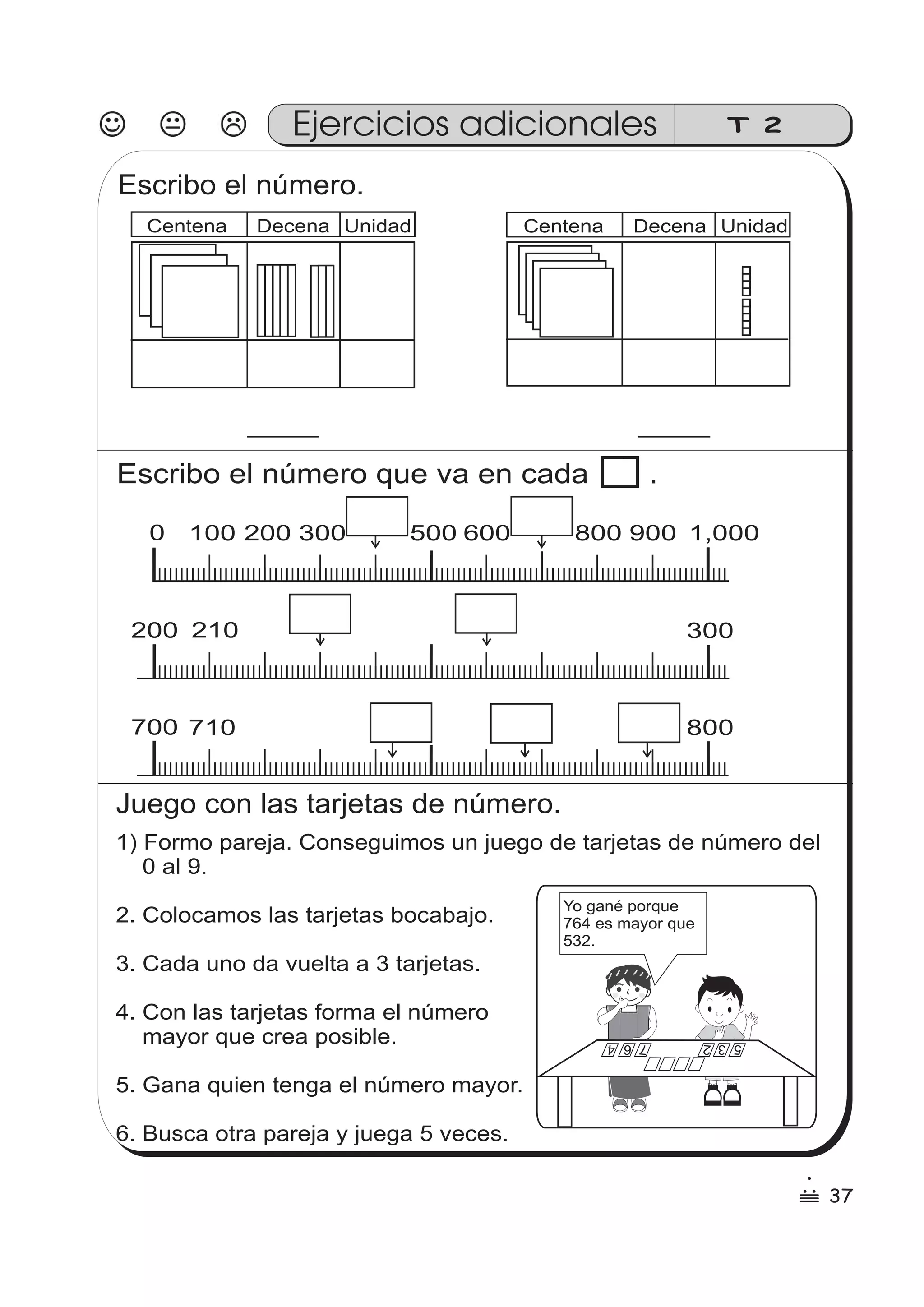 Ejercicios adicionales T 2 
Escribo el número. 
Centena Decena Unidad 
Centena Decena Unidad 
Escribo el número que va en cada . 
0 100 200 300 500 600 800 900 1,000 
200 210 300 
700 710 800 
Juego con las tarjetas de número. 
1) Formo pareja. Conseguimos un juego de tarjetas de número del 
0 al 9. 
2. Colocamos las tarjetas bocabajo. 
3. Cada uno da vuelta a 3 tarjetas. 
4. Con las tarjetas forma el número 
mayor que crea posible. 
5. Gana quien tenga el número mayor. 
6. Busca otra pareja y juega 5 veces. 
Yo gané porque 
764 es mayor que 
532. 
5 3 2 7 6 4 
37 
1 
/ 
 