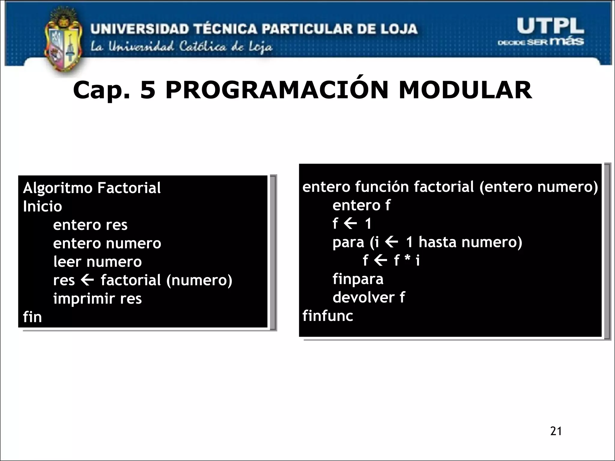 Ejercicios Algoritmo Factorial Inicio entero res entero numero leer numero res    factorial (numero) imprimir res fin entero función factorial (entero numero) entero f f    1 para (i    1 hasta numero) f    f * i finpara devolver f finfunc Cap. 5 PROGRAMACIÓN MODULAR 