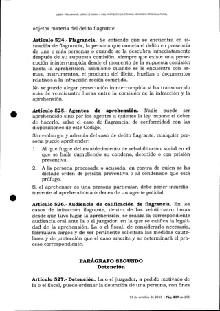 LIBRO PREUMINAR, LIBRO ] Y LIBRO ]I DEL PROYECTO DE CÓDIGO ORCÁNICO IMEORAL PENAL

objetos materia del delito flagrante.

Articulo 524.- Flagrancia. Se entiende que se encuentra en situación de flagrancia, la persona que cometa el delito en presencia
de una o más personas o cuando se 1a descubra inmediatamente
después de su supuesta comisión, siempre que existe una persecución ininterrumpida desde el momento de la supuesta comisión
hasta la aprehensión, asimismo cuando se le encuentre con armas, instrumentos, el producto de1 ilícito, huellas o documentos
relativos a Ia infracción recién comeüda.
No se puede alegar persecución ininterrumpida si ha transcurrido
más de veinticuatro horas entre la comisión de 1a infracción y Ia
aprehensión.

Articulo 525.- Agentes de aprehensión. Nadie puede

ser
aprehendido sino por los agentes a quienes la ley impone el deber
de hacerlo, salvo el caso de flagralcia, de conformidad con las
disposiciones de este Código.

Sin embargo, y además de1 caso de delito flagrante, cualquier persona puede aprehender:
1. Al que fugue de1 establecimiento de rehabilitación social en el
que se hal1e cumpliendo su condena, detenído o con prisión
preventiva.
2. A Ia persona procesada o acusada, en contra de quien se ha
dictado orden de prisión preventiva o aI condenado que está
prófugo.
Si el aprehensor es una persona particular, debe poner inmediatamente al aprehendido a órdenes de un agente policial.

Artículo 526.- Audiencia de calificación de flagrancia. En los
casos de infracción flagralte, dentro de las veinticuatro horas
desde que tuvo lugar 1a aprehensión, se realiza 1a correspondiente
audiencia ora-l ante 1a o e1 juzgador, en Ia que se califica 1a legalidad de 1a aprehensión. La o el fiscal, de considerarlo necesario,
formulará cargos y de ser pertinente solicitará las medidas cautelares y de protección que el caso amerite y se determinará el proceso correspondiente.

PARAGRAFO SEGUNDO

Detención
Artículo 527.- Detención. La o el juzgador, a pedido motivado

de

la o e1 liscal, puede ordenar la detención de una persona, con fines
13 de octubre de 2013 | PAg. 2O7 de 266

 