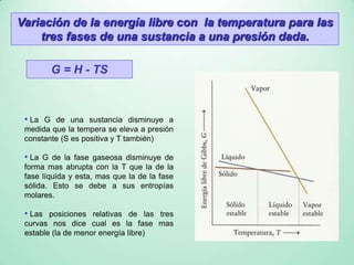 Variación de la energía libre con la temperatura para las
tres fases de una sustancia a una presión dada.
G = H - TS
• La G de una sustancia disminuye a
medida que la tempera se eleva a presión
constante (S es positiva y T también)
• La G de la fase gaseosa disminuye de
forma mas abrupta con la T que la de la
fase líquida y esta, mas que la de la fase
sólida. Esto se debe a sus entropías
molares.
• Las posiciones relativas de las tres
curvas nos dice cual es la fase mas
estable (la de menor energía libre)
 
