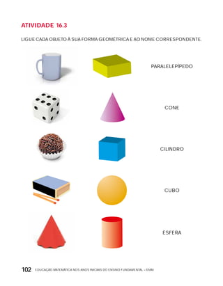 EDUCAÇÃO MATEMÁTICA NOS ANOS INICIAIS DO ENSINO FUNDAMENTAL – EMAI102
AtiVidAdE 16.3
LIGUE CADA OBJETO à SUA FORMA GEOMÉTRICA E AO NOME CORRESPONDENTE.
PARALELEPíPEDO
CONE
CILINDRO
CUBO
ESFERA
 