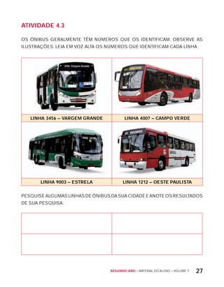 Segundo ano – MATERIAL DO ALUNO – VOLUME 1 27
AtiVidAdE 4.3
OS ôNIBUS GERALMENTE TÊM NÚMEROS QUE OS IDENTIFICAM. OBSERVE AS
ILUSTRAÇõES. LEIA EM VOZ ALTA OS NÚMEROS QUE IDENTIFICAM CADA LINHA.
LinHA 3456 – VArGEM GrAndE LinHA 4007 – cAMPO VErdE
LinHA 9003 – EStrELA LinHA 1212 – OEStE PAULiStA
PESQUISE ALGUMAS LINHAS DE ôNIBUS DA SUA CIDADE E ANOTE OS RESULTADOS
DE SUA PESQUISA:
 