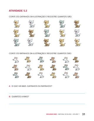 Segundo ano – MATERIAL DO ALUNO – VOLUME 1 31
AtiVidAdE 5.2
CONTE OS GATINHOS DA ILUSTRAÇÃO E REGISTRE QUANTOS SÃO:
CONTE OS RATINHOS DA ILUSTRAÇÃO E REGISTRE QUANTOS SÃO:
A. O QUE HÁ MAIS: GATINHOS OU RATINHOS?
B. QUANTOS A MAIS?
 