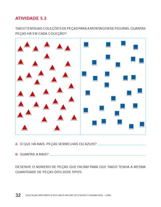 EDUCAÇÃO MATEMÁTICA NOS ANOS INICIAIS DO ENSINO FUNDAMENTAL – EMAI32
AtiVidAdE 5.3
TIAGO TEM DUAS COLEÇõES DE PEÇAS PARA A MONTAGEM DE FIGURAS. QUANTAS
PEÇAS HÁ EM CADA COLEÇÃO?
A. O QUE HÁ MAIS: PEÇAS VERMELHAS OU AZUIS?
B. QUANTAS A MAIS?
DESENHE O NÚMERO DE PEÇAS QUE FALTAM PARA QUE TIAGO TENHA A MESMA
QUANTIDADE DE PEÇAS DOS DOIS TIPOS.
 