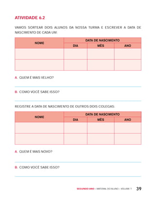 Segundo ano – MATERIAL DO ALUNO – VOLUME 1 39
AtiVidAdE 6.2
VAMOS SORTEAR DOIS ALUNOS DA NOSSA TURMA E ESCREVER A DATA DE
NASCIMENTO DE CADA UM:
NOME
DATA DE NASCIMENTO
DIA MÊS ANO
A. QUEM É MAIS VELHO?
B. COMO VOCÊ SABE ISSO?
REGISTRE A DATA DE NASCIMENTO DE OUTROS DOIS COLEGAS:
NOME
DATA DE NASCIMENTO
DIA MÊS ANO
A. QUEM É MAIS NOVO?
B. COMO VOCÊ SABE ISSO?
 