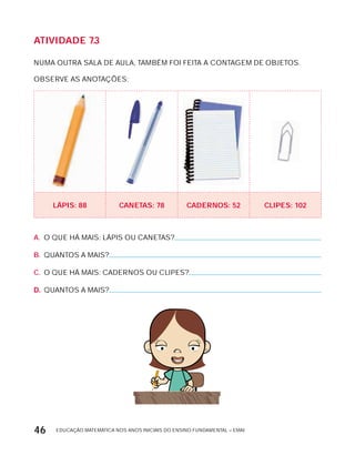 EDUCAÇÃO MATEMÁTICA NOS ANOS INICIAIS DO ENSINO FUNDAMENTAL – EMAI46
AtiVidAdE 7.3
NUMA OUTRA SALA DE AULA, TAMBÉM FOI FEITA A CONTAGEM DE OBJETOS.
OBSERVE AS ANOTAÇõES:
LáPiS: 88 cAnEtAS: 78 cAdErnOS: 52 cLiPES: 102
A. O QUE HÁ MAIS: LÁPIS OU CANETAS?
B. QUANTOS A MAIS?
C. O QUE HÁ MAIS: CADERNOS OU CLIPES?
D. QUANTOS A MAIS?
 