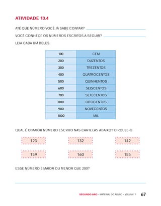 Segundo ano – MATERIAL DO ALUNO – VOLUME 1 67
AtiVidAdE 10.4
ATÉ QUE NÚMERO VOCÊ JÁ SABE CONTAR?
VOCÊ CONHECE OS NÚMEROS ESCRITOS A SEGUIR?
LEIA CADA UM DELES:
100 CEM
200 DUZENTOS
300 TREZENTOS
400 QUATROCENTOS
500 QUINHENTOS
600 SEISCENTOS
700 SETECENTOS
800 OITOCENTOS
900 NOVECENTOS
1000 MIL
QUAL É O MAIOR NÚMERO ESCRITO NAS CARTELAS ABAIxO? CIRCULE-O.
123 132 142
159 160 155
ESSE NÚMERO É MAIOR OU MENOR QUE 200?
 