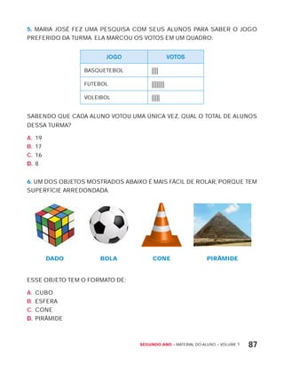 Segundo ano – MATERIAL DO ALUNO – VOLUME 1 87
5. MARIA JOSÉ FEZ UMA PESQUISA COM SEUS ALUNOS PARA SABER O JOGO
PREFERIDO DA TURMA. ELA MARCOU OS VOTOS EM UM QUADRO:
JOGO VOTOS
BASQUETEBOL ||||
FUTEBOL ||||||||
VOLEIBOL |||||
SABENDO QUE CADA ALUNO VOTOU UMA ÚNICA VEZ, QUAL O TOTAL DE ALUNOS
DESSA TURMA?
A. 19
B. 17
C. 16
D. 8
6. UM DOS OBJETOS MOSTRADOS ABAIxO É MAIS FÁCIL DE ROLAR, PORQUE TEM
SUPERFíCIE ARREDONDADA.
dado BoLa Cone PIRÂMIde
ESSE OBJETO TEM O FORMATO DE:
A. CUBO
B. ESFERA
C. CONE
D. PIRÂMIDE
 