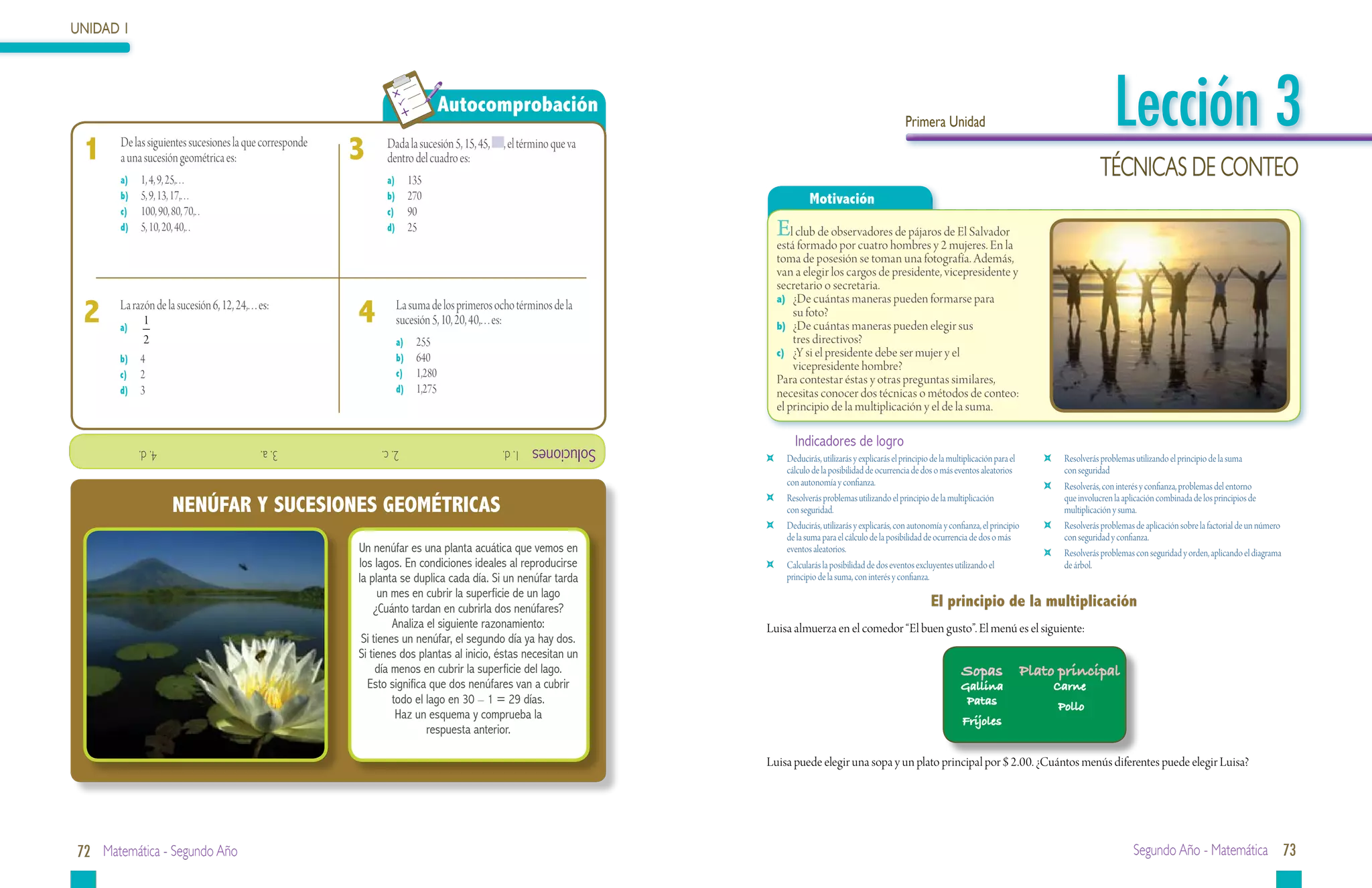 UNIDAD 1




 	
                                                                                    Autocomprobación
                                                                                                                                                                              Primera Unidad                                                   Lección 3
 1   	 	 La unidad básica desucesiones la SI es:corresponde
          De las siguientes superficie del que
          a una sucesión geométrica es:
         a) El km2
                                                              3   	   10,000la sucesión 5, a 45,
                                                                      Dada m2 equivalen 15,
                                                                      dentro del cuadro es:
                                                                      a) 1 km2
                                                                                                           , el término que va
                                                                                                                                                                                                                                           Técnicas de conteo
          b) El cm 2 25,. . .
           a)	 1, 4, 9,                                               b) 2 135 2
                                                                      a)	 km
           b)	 5, 9, 13, 17,. . .                                     b)	 270                                                                  Motivación
          c) El m 2                                                   c) 1 dam 2
           c)	 100, 90, 80, 70,. .                                    c)	 90
          d) El hm 2 20, 40,. .
           d)	 5, 10,                                                 d) 1 25 2
                                                                      d)	 hm                                                          El club de observadores de pájaros de El Salvador
                                                                                                                                      está formado por cuatro hombres y 2 mujeres. En la
                                                                                                                                      toma de posesión se toman una fotografía. Además,
                                                                                                                                      van a elegir los cargos de presidente, vicepresidente y
                                                                                                                                      secretario o secretaria.
                                                                                                                                      a)	 ¿De cuántas maneras pueden formarse para
 2		       Diez centímetros cuadrados12, 24,. . . es:
           La razón de la sucesión 6, equivalen a:
           a)	
                 1
           a) 1 m2
                                                               4	
                                                              4	      Para convertir cm2 a dam2: ocho términos de la
                                                                        La suma de los primeros
                                                                        sucesión 5, 10, 20, 40,. . . es:
                                                                      a) Multiplicas por 100
                                                                                                                                          su foto?
                                                                                                                                      b)	 ¿De cuántas maneras pueden elegir sus
                 2                                                       a)	 255                                                          tres directivos?
           b) 0.01 m 2                                                b)b)	 640 entre 100
                                                                          Divides                                                     c)	 ¿Y si el presidente debe ser mujer y el
           b)	 4
                                                                                                                                          vicepresidente hombre?
           c) 0.10 m 2
           c)	 2                                                      c) c)	 1,280entre 1 000,000
                                                                         Divides                                                      Para contestar éstas y otras preguntas similares,
           d) 3
           d)	 0.0010 m 2                                             d)d)	 1,275 por 1 000,000
                                                                          Multiplicas                                                 necesitas conocer dos técnicas o métodos de conteo:
                                                                                                                                      el principio de la multiplicación y el de la suma.


                			4. d.                          			3. a.            			2. c.                             1. d.   Soluciones             Indicadores de logro
                                                                                                                                  	     Deducirás, utilizarás y explicarás el principio de la multiplicación para el       	    Resolverás problemas utilizando el principio de la suma
                                                                                                                                        cálculo de la posibilidad de ocurrencia de dos o más eventos aleatorios                 con seguridad
                                                                                                                                        con autonomía y confianza.                                                         	    Resolverás, con interés y confianza, problemas del entorno

                          NENÚFAR Y SUCESIONES GEOMÉTRICAS                                                                        	     Resolverás problemas utilizando el principio de la multiplicación
                                                                                                                                        con seguridad.
                                                                                                                                                                                                                                que involucren la aplicación combinada de los principios de
                                                                                                                                                                                                                                multiplicación y suma.
                                                                                                                                  	     Deducirás, utilizarás y explicarás, con autonomía y confianza, el principio        	    Resolverás problemas de aplicación sobre la factorial de un número
                                                                                                                                        de la suma para el cálculo de la posibilidad de ocurrencia de dos o más                 con seguridad y confianza.
                                                               Un nenúfar es una planta acuática que vemos en                           eventos aleatorios.                                                                	    Resolverás problemas con seguridad y orden, aplicando el diagrama
                                                               los lagos. En condiciones ideales al reproducirse                  	     Calcularás la posibilidad de dos eventos excluyentes utilizando el                      de árbol.
                                                               la planta se duplica cada día. Si un nenúfar tarda                       principio de la suma, con interés y confianza.
                                                                     un mes en cubrir la superficie de un lago
                                                                   ¿Cuánto tardan en cubrirla dos nenúfares?                                                                           El principio de la multiplicación
                                                                        Analiza el siguiente razonamiento:                       Luisa almuerza en el comedor “El buen gusto”. El menú es el siguiente:
                                                                Si tienes un nenúfar, el segundo día ya hay dos.
                                                               Si tienes dos plantas al inicio, éstas necesitan un
                                                                    día menos en cubrir la superficie del lago.                                                                                  Sopas                 Plato principal
                                                                 Esto significa que dos nenúfares van a cubrir                                                                                  Gallina                        Carne
                                                                        todo el lago en 30 – 1 = 29 días.                                                                                        Patas                         Pollo
                                                                         Haz un esquema y comprueba la                                                                                           Frijoles
                                                                                respuesta anterior.

                                                                                                                                 Luisa puede elegir una sopa y un plato principal por $ 2.00. ¿Cuántos menús diferentes puede elegir Luisa?




72 Matemática - Segundo Año                                                                                                                                                                                                                          Segundo Año - Matemática 73
 