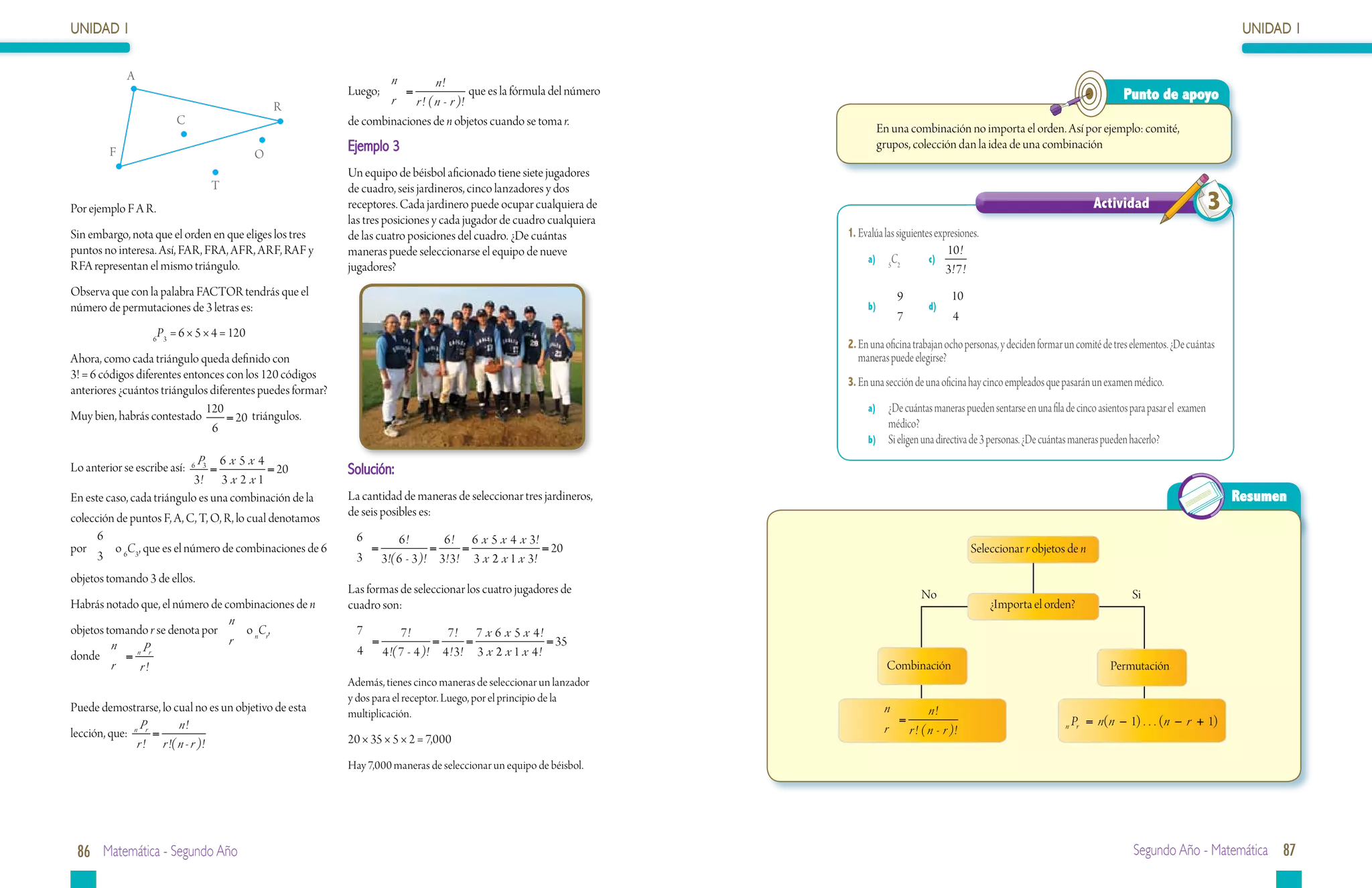 UNIDAD 1                                                                                                                                                                                                                     UNIDAD 1

             A                                                     n          n!
                                                           Luego;     =                que es la fórmula del número                                                                             Punto de apoyo
                                               R                   r    r ! ( n - r )!
                         C                                 de combinaciones de n objetos cuando se toma r.
                                                                                                                              En una combinación no importa el orden. Así por ejemplo: comité,
         F                                 O
                                                           Ejemplo 3                                                          grupos, colección dan la idea de una combinación

                                                           Un equipo de béisbol aficionado tiene siete jugadores
                                    T                      de cuadro, seis jardineros, cinco lanzadores y dos
Por ejemplo F A R.                                         receptores. Cada jardinero puede ocupar cualquiera de                                                                        Actividad                       3
                                                           las tres posiciones y cada jugador de cuadro cualquiera
Sin embargo, nota que el orden en que eliges los tres      de las cuatro posiciones del cuadro. ¿De cuántas           1.	Evalúa las siguientes expresiones.
puntos no interesa. Así, FAR, FRA, AFR, ARF, RAF y         maneras puede seleccionarse el equipo de nueve                                         10 !
                                                                                                                           a)	 5C2	          c)
RFA representan el mismo triángulo.                        jugadores?                                                                             3! 7 !
Observa que con la palabra FACTOR tendrás que el                                                                                    9              10
número de permutaciones de 3 letras es:                                                                                    b)	        	     d)
                                                                                                                                    7              4
                     P = 6 × 5 × 4 = 120
                   6 3
                                                                                                                      2.	En una oficina trabajan ocho personas, y deciden formar un comité de tres elementos. ¿De cuántas
Ahora, como cada triángulo queda definido con                                                                            maneras puede elegirse?
3! = 6 códigos diferentes entonces con los 120 códigos
                                                                                                                      3.	En una sección de una oficina hay cinco empleados que pasarán un examen médico.
anteriores ¿cuántos triángulos diferentes puedes formar?
                              120                                                                                          a)	 ¿De cuántas maneras pueden sentarse en una fila de cinco asientos para pasar el examen
Muy bien, habrás contestado        = 20 triángulos.                                                                               médico?
                               6
                                                                                                                           b)	 Si eligen una directiva de 3 personas. ¿De cuántas maneras pueden hacerlo?
                              P 6x 5x 4
Lo anterior se escribe así:   6 3
                                =             = 20         Solución:
                             3! 3 x 2 x 1
En este caso, cada triángulo es una combinación de la      La cantidad de maneras de seleccionar tres jardineros,                                                                                                           Resumen
colección de puntos F, A, C, T, O, R, lo cual denotamos    de seis posibles es:
      6                                                     6     6!        6 ! 6 x 5 x 4 x 3!
por       o 6C3, que es el número de combinaciones de 6       =           =     =               = 20                                                    Seleccionar r objetos de n
      3                                                     3 3!( 6 - 3 )! 3! 3! 3 x 2 x 1 x 3!
objetos tomando 3 de ellos.
                                                           Las formas de seleccionar los cuatro jugadores de                                No                                                    Si
Habrás notado que, el número de combinaciones de n         cuadro son:                                                                                        ¿Importa el orden?
                                 n
objetos tomando r se denota por    o nCr,                    7      7!        7! 7 x 6 x 5 x 4 !
         n     P                 r                             =            =      =                = 35
donde      =n r                                              4 4 !( 7 - 4 )! 4 ! 3! 3 x 2 x 1 x 4 !
         r    r!                                                                                                                 Combinación                                                Permutación
                                                           Además, tienes cinco maneras de seleccionar un lanzador
                                                           y dos para el receptor. Luego, por el principio de la
Puede demostrarse, lo cual no es un objetivo de esta       multiplicación.                                                       n         n!
                P       n!                                                                                                         =                                              P = n(n − 1) . . . (n − r + 1)
lección, que: n r =                                                                                                              r   r ! ( n - r )!                             n r

               r ! r !( n - r )!                           20 × 35 × 5 × 2 = 7,000
                                                           Hay 7,000 maneras de seleccionar un equipo de béisbol.




 86 Matemática - Segundo Año                                                                                                                                                                       Segundo Año - Matemática 87
 