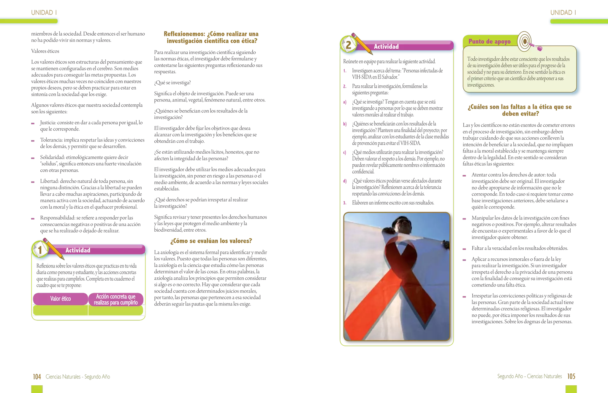 UNIDAD 1                                                                                                                                                                                                                                       UNIDAD 1

miembros de la sociedad. Desde entonces el ser humano                 Reflexionemos: ¿Cómo realizar una
no ha podido vivir sin normas y valores.                               investigación científica con ética?                                                                                      Punto de apoyo
Valores éticos                                                   Para realizar una investigación científica siguiendo
                                                                                                                               2               Actividad

Los valores éticos son estructuras del pensamiento que
                                                                 las normas éticas, el investigador debe formularse y         Reúnete en equipo para realizar la siguiente actividad.           Todo investigador debe estar consciente que los resultados
se mantienen configuradas en el cerebro. Son medios
                                                                 contestarse las siguientes preguntas reflexionando sus                                                                         de su investigación deben ser útiles para el progreso de la
                                                                 respuestas.                                                  1.	 Investiguen acerca del tema: “Personas infectadas de          sociedad y no para su deterioro. En ese sentido la ética es
adecuados para conseguir las metas propuestas. Los                                                                                VIH-SIDA en El Salvador.”
valores éticos muchas veces no coinciden con nuestros                                                                                                                                           el primer criterio que un científico debe anteponer a sus
                                                                 ¿Qué se investiga?                                                                                                             investigaciones.
propios deseos, pero se deben practicar para estar en                                                                         2.	 Para realizar la investigación, formúlense las
sintonía con la sociedad que los exige.                          Significa el objeto de investigación. Puede ser una              siguientes preguntas:
                                                                 persona, animal, vegetal, fenómeno natural, entre otros.     a)	 ¿Qué se investiga? Tengan en cuenta que se está
Algunos valores éticos que nuestra sociedad contempla                                                                                                                                           ¿Cuáles son las faltas a la ética que se
                                                                 ¿Quiénes se benefician con los resultados de la                  investigando a personas por lo que se deben mostrar
son los siguientes:                                                                                                                                                                                          deben evitar?
                                                                 investigación?                                                   valores morales al realizar el trabajo.
 	 Justicia: consiste en dar a cada persona por igual, lo                                                                     b)	 ¿Quiénes se beneficiarán con los resultados de la           Las y los científicos no están exentos de cometer errores
   que le corresponde.                                           El investigador debe fijar los objetivos que desea               investigación? Planteen una finalidad del proyecto; por     en el proceso de investigación, sin embargo deben
                                                                 alcanzar con la investigación y los beneficios que se            ejemplo, analizar con los estudiantes de la clase medidas
 	 Tolerancia: implica respetar las ideas y convicciones                                                                                                                                      trabajar cuidando de que sus acciones conlleven la
                                                                 obtendrán con el trabajo.                                        de prevención para evitar el VIH-SIDA.
   de los demás, y permitir que se desarrollen.                                                                                                                                               intención de beneficiar a la sociedad, que no impliquen
                                                                 ¿Se están utilizando medios lícitos, honestos, que no        c)	 ¿Qué medios utilizarán para realizar la investigación?      faltas a la moral establecida y se mantenga siempre
 	 Solidaridad: etimológicamente quiere decir                    afecten la integridad de las personas?                           Deben valorar el respeto a los demás. Por ejemplo, no       dentro de la legalidad. En este sentido se consideran
   “solidus”, significa entonces una fuerte vinculación                                                                           pueden revelar públicamente nombres o información           faltas éticas las siguientes:
   con otras personas.                                           El investigador debe utilizar los medios adecuados para          confidencial.
                                                                 la investigación, sin poner en riesgo a las personas o el                                                                     	 Atentar contra los derechos de autor: toda
 	 Libertad: derecho natural de toda persona, sin                medio ambiente, de acuerdo a las normas y leyes sociales     d)	 ¿Qué valores éticos podrían verse afectados durante            investigación debe ser original. El investigador
   ninguna distinción. Gracias a la libertad se pueden           establecidas.                                                    la investigación? Reflexionen acerca de la tolerancia          no debe apropiarse de información que no le
   llevar a cabo muchas aspiraciones, participando de                                                                             respetando las convicciones de los demás.                      corresponde. En todo caso si requiere tomar como
   manera activa con la sociedad, actuando de acuerdo            ¿Qué derechos se podrían irrespetar al realizar                                                                                 base investigaciones anteriores, debe señalarse a
                                                                                                                              3.	 Elaboren un informe escrito con sus resultados.
   con la moral y la ética en el quehacer profesional.           la investigación?                                                                                                               quién le corresponde.
 	 Responsabilidad: se refiere a responder por las               Significa revisar y tener presentes los derechos humanos                                                                      	 Manipular los datos de la investigación con fines
   consecuencias negativas o positivas de una acción             y las leyes que protegen el medio ambiente y la                                                                                 negativos o positivos. Por ejemplo, alterar resultados
   que se ha realizado o dejado de realizar.                     biodiversidad, entre otros.                                                                                                     de encuestas o experimentales a favor de lo que el
                                                                                                                                                                                                 investigador quiere obtener.
                                                                         ¿Cómo se evalúan los valores?
  1                Actividad                                     La axiología es el sistema formal para identificar y medir
                                                                                                                                                                                               	 Faltar a la veracidad en los resultados obtenidos.
                                                                 los valores. Puesto que todas las personas son diferentes,                                                                    	 Aplicar a recursos inmorales o fuera de la ley
  Reflexiona sobre los valores éticos que practicas en tu vida   la axiología es la ciencia que estudia cómo las personas                                                                        para realizar la investigación. Si un investigador
  diaria como persona y estudiante, y las acciones concretas     determinan el valor de las cosas. En otras palabras, la                                                                         irrespeta el derecho a la privacidad de una persona
  que realizas para cumplirlos. Completa en tu cuaderno el       axiología analiza los principios que permiten considerar                                                                        con la finalidad de conseguir su investigación está
  cuadro que se te propone:                                      si algo es o no correcto. Hay que considerar que cada                                                                           cometiendo una falta ética.
                                                                 sociedad cuenta con determinados juicios morales,
                                     Acción concreta que         por tanto, las personas que pertenecen a esa sociedad                                                                         	 Irrespetar las convicciones políticas y religiosas de
          Valor ético
                                    realizas para cumplirlo      deberán seguir las pautas que la misma les exige.                                                                               las personas. Gran parte de la sociedad actual tiene
                                                                                                                                                                                                 determinadas creencias religiosas. El investigador
                                                                                                                                                                                                 no puede, por ética imponer los resultados de sus
                                                                                                                                                                                                 investigaciones. Sobre los dogmas de las personas.




104 Ciencias Naturales - Segundo Año                                                                                                                                                                             Segundo Año - Ciencias Naturales 105
 