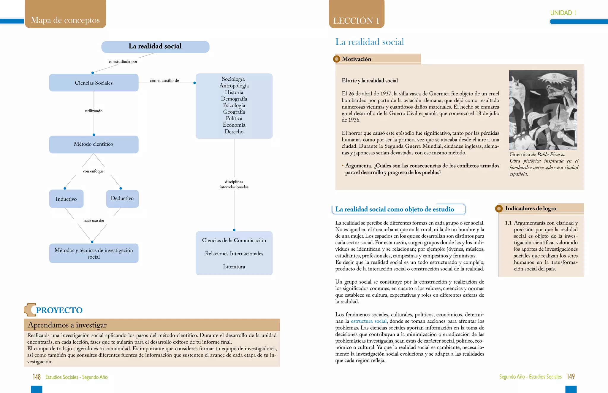 UNIDAD 1                                                                                                                                                                                                                   UNIDAD 1
 Mapa de conceptos                                                                                                  LECCIÓN 1

                                                   La realidad social                                               La realidad social
                                        es estudiada por                                                               Motivación


                                                           con el auxilio de           Sociología                      El arte y la realidad social
                     Ciencias Sociales                                                Antropología
                                                                                        Historia                       El 26 de abril de 1937, la villa vasca de Guernica fue objeto de un cruel
                                                                                      Demografía                       bombardeo por parte de la aviación alemana, que dejó como resultado
                                                                                       Psicología                      numerosas víctimas y cuantiosos daños materiales. El hecho se enmarca
                          utilizando                                                   Geografía                       en el desarrollo de la Guerra Civil española que comenzó el 18 de julio
                                                                                        Política                       de 1936.
                                                                                       Economía
                                                                                        Derecho                        El horror que causó este episodio fue significativo, tanto por las pérdidas
                                                                                                                       humanas como por ser la primera vez que se atacaba desde el aire a una
                     Método científico                                                                                 ciudad. Durante la Segunda Guerra Mundial, ciudades inglesas, alema-
                                                                                                                       nas y japonesas serían devastadas con ese mismo método.                           Guernica de Pablo Picasso.
                                                                                                                                                                                                         Obra pictórica inspirada en el
                                                                                                                       •	 rgumenta. ¿Cuáles son las consecuencias de los conflictos armados
                                                                                                                         A                                                                               bombardeo aéreo sobre esa ciudad
                         con enfoque:                                                                                    para el desarrollo y progreso de los pueblos?                                   española.
                                                                                          disciplinas
                                                                                       interrelacionadas

            Inductivo                    Deductivo

                                                                                                                    La realidad social como objeto de estudio                                          Indicadores de logro
                         hace uso de:
                                                                                                                    La realidad se percibe de diferentes formas en cada grupo o ser social.            1.1	 rgumentarás con claridad y
                                                                                                                                                                                                           A
                                                                                                                    No es igual en el área urbana que en la rural, ni la de un hombre y la                 precisión por qué la realidad
                                                                                                                    de una mujer. Los espacios en los que se desarrollan son distintos para                social es objeto de la inves-
                                                                               Ciencias de la Comunicación          cada sector social. Por esta razón, surgen grupos donde las y los indi-                tigación científica, valorando
            Métodos y técnicas de investigación                                                                     viduos se identifican y se relacionan; por ejemplo: jóvenes, músicos,                  los aportes de investigaciones
                                                                                Relaciones Internacionales          estudiantes, profesionales, campesinas y campesinos y feministas.                      sociales que realizan los seres
                          social
                                                                                                                    Es decir que la realidad social es un todo estructurado y complejo,                    humanos en la transforma-
                                                                                         Literatura                 producto de la interacción social o construcción social de la realidad.                ción social del país.

                                                                                                                    Un grupo social se constituye por la construcción y realización de
                                                                                                                    los significados comunes, en cuanto a los valores, creencias y normas
                                                                                                                    que establece su cultura, expectativas y roles en diferentes esferas de
                                                                                                                    la realidad.
   PROYECTO                                                                                                         Los fenómenos sociales, culturales, políticos, económicos, determi-
                                                                                                                    nan la estructura social, donde se toman acciones para afrontar los
Aprendamos a investigar                                                                                             problemas. Las ciencias sociales aportan información en la toma de
Realizarás una investigación social aplicando los pasos del método científico. Durante el desarrollo de la unidad   decisiones que contribuyan a la minimización o erradicación de las
encontrarás, en cada lección, fases que te guiarán para el desarrollo exitoso de tu informe final.                  problemáticas investigadas, sean estas de carácter social, político, eco-
El campo de trabajo sugerido es tu comunidad. Es importante que consideres formar tu equipo de investigadores,      nómico o cultural. Ya que la realidad social es cambiante, necesaria-
así como también que consultes diferentes fuentes de información que sustenten el avance de cada etapa de tu in-    mente la investigación social evoluciona y se adapta a las realidades
vestigación.                                                                                                        que cada región refleja.


  148 Estudios Sociales - Segundo Año                                                                                                                                                                Segundo Año - Estudios Sociales 149
 
