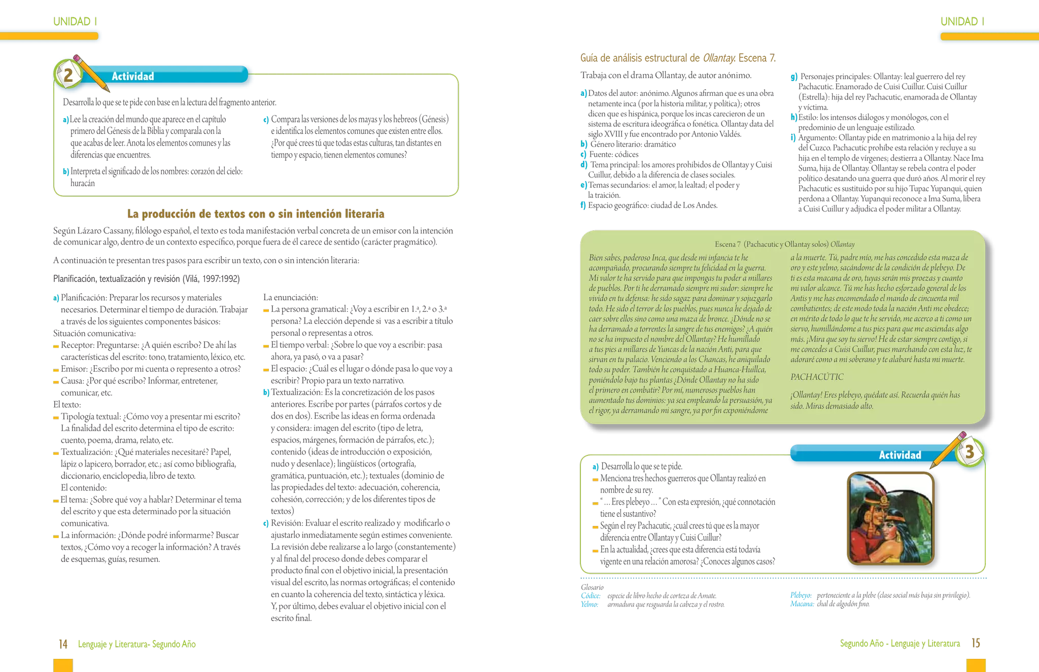 UNIDAD 1                                                                                                                                                                                                                                                                          UNIDAD 1


                                                                                                                                           Guía de análisis estructural de Ollantay. Escena 7.
   2                Actividad                                                                                                              Trabaja con el drama Ollantay, de autor anónimo.                          g) Personajes principales: Ollantay: leal guerrero del rey
                                                                                                                                                                                                                        Pachacutic. Enamorado de Cuisi Cuillur. Cuisi Cuillur
                                                                                                                                           a)	Datos del autor: anónimo. Algunos afirman que es una obra                 (Estrella): hija del rey Pachacutic, enamorada de Ollantay
   Desarrolla lo que se te pide con base en la lectura del fragmento anterior.                                                                netamente inca (por la historia militar, y política); otros               y víctima.
                                                                                                                                              dicen que es hispánica, porque los incas carecieron de un              h)	 stilo: los intensos diálogos y monólogos, con el
                                                                                                                                                                                                                        E
   a)Lee la creación del mundo que aparece en el capítulo                c)	Compara las versiones de los mayas y los hebreos (Génesis)
                                                                                                                                              sistema de escritura ideográfica o fonética. Ollantay data del            predominio de un lenguaje estilizado.
      primero del Génesis de la Biblia y comparala con la                   e identifica los elementos comunes que existen entre ellos.       siglo XVIII y fue encontrado por Antonio Valdés.                       i)	Argumento: Ollantay pide en matrimonio a la hija del rey
      que acabas de leer. Anota los elementos comunes y las                 ¿Por qué crees tú que todas estas culturas, tan distantes en   b) Género literario: dramático                                               del Cuzco. Pachacutic prohíbe esta relación y recluye a su
      diferencias que encuentres.                                           tiempo y espacio, tienen elementos comunes?                    c) Fuente: códices                                                           hija en el templo de vírgenes; destierra a Ollantay. Nace Ima
                                                                                                                                           d) Tema principal: los amores prohibidos de Ollantay y Cuisi                 Suma, hija de Ollantay. Ollantay se rebela contra el poder
   b)	Interpreta el significado de los nombres: corazón del cielo:                                                                            Cuillur, debido a la diferencia de clases sociales.                       político desatando una guerra que duró años. Al morir el rey
      huracán                                                                                                                              e)	 emas secundarios: el amor, la lealtad; el poder y
                                                                                                                                              T                                                                         Pachacutic es sustituido por su hijo Tupac Yupanqui, quien
                                                                                                                                              la traición.                                                              perdona a Ollantay. Yupanqui reconoce a Ima Suma, libera
                                                                                                                                           f)	Espacio geográfico: ciudad de Los Andes.                                  a Cuisi Cuillur y adjudica el poder militar a Ollantay.
                         La producción de textos con o sin intención literaria
Según Lázaro Cassany, filólogo español, el texto es toda manifestación verbal concreta de un emisor con la intención
de comunicar algo, dentro de un contexto específico, porque fuera de él carece de sentido (carácter pragmático).                                                                            Escena 7 (Pachacutic y Ollantay solos) Ollantay
A continuación te presentan tres pasos para escribir un texto, con o sin intención literaria:                                                Bien sabes, poderoso Inca, que desde mi infancia te he                  a la muerte. Tú, padre mío, me has concedido esta maza de
                                                                                                                                             acompañado, procurando siempre tu felicidad en la guerra.               oro y este yelmo, sacándome de la condición de plebeyo. De
Planificación, textualización y revisión (Vilá, 1997:1992)                                                                                   Mi valor te ha servido para que impongas tu poder a millares            ti es esta macana de oro, tuyas serán mis proezas y cuanto
                                                                                                                                             de pueblos. Por ti he derramado siempre mi sudor: siempre he            mi valor alcance. Tú me has hecho esforzado general de los
a)	Planificación: Preparar los recursos y materiales                     La enunciación:                                                     vivido en tu defensa: he sido sagaz para dominar y sojuzgarlo           Antis y me has encomendado el mando de cincuenta mil
   necesarios. Determinar el tiempo de duración. Trabajar                  	La persona gramatical: ¿Voy a escribir en 1.ª, 2.ª o 3.ª         todo. He sido el terror de los pueblos, pues nunca he dejado de         combatientes; de este modo toda la nación Anti me obedece;
   a través de los siguientes componentes básicos:                          persona? La elección depende si vas a escribir a título          caer sobre ellos sino como una maza de bronce. ¿Dónde no se             en mérito de todo lo que te he servido, me acerco a ti como un
Situación comunicativa:                                                     personal o representas a otros.                                  ha derramado a torrentes la sangre de tus enemigos? ¿A quién            siervo, humillándome a tus pies para que me asciendas algo
                                                                                                                                             no se ha impuesto el nombre del Ollantay? He humillado                  más. ¡Mira que soy tu siervo! He de estar siempre contigo, si
  	Receptor: Preguntarse: ¿A quién escribo? De ahí las                     	El tiempo verbal: ¿Sobre lo que voy a escribir: pasa             a tus pies a millares de Yuncas de la nación Anti, para que             me concedes a Cuisi Cuillur, pues marchando con esta luz, te
   características del escrito: tono, tratamiento, léxico, etc.             ahora, ya pasó, o va a pasar?                                    sirvan en tu palacio. Venciendo a los Chancas, he aniquilado            adoraré como a mi soberano y te alabaré hasta mi muerte.
  	Emisor: ¿Escribo por mi cuenta o represento a otros?                    	El espacio: ¿Cuál es el lugar o dónde pasa lo que voy a          todo su poder. También he conquistado a Huanca-Huillca,
  	Causa: ¿Por qué escribo? Informar, entretener,                           escribir? Propio para un texto narrativo.                        poniéndolo bajo tus plantas ¿Dónde Ollantay no ha sido                  PACHACÚTIC
   comunicar, etc.                                                       b)	Textualización: Es la concretización de los pasos                el primero en combatir? Por mí, numerosos pueblos han
                                                                                                                                                                                                                     ¡Ollantay! Eres plebeyo, quédate así. Recuerda quién has
El texto:                                                                   anteriores. Escribe por partes (párrafos cortos y de             aumentado tus dominios: ya sea empleando la persuasión, ya
                                                                                                                                             el rigor, ya derramando mi sangre, ya por fin exponiéndome              sido. Miras demasiado alto.
  	Tipología textual: ¿Cómo voy a presentar mi escrito?                     dos en dos). Escribe las ideas en forma ordenada
   La finalidad del escrito determina el tipo de escrito:                   y considera: imagen del escrito (tipo de letra,
   cuento, poema, drama, relato, etc.                                       espacios, márgenes, formación de párrafos, etc.);
  	Textualización: ¿Qué materiales necesitaré? Papel,
   lápiz o lapicero, borrador, etc.; así como bibliografía,
                                                                            contenido (ideas de introducción o exposición,
                                                                            nudo y desenlace); lingüísticos (ortografía,
                                                                                                                                                                                                                                                         Actividad                          3
                                                                                                                                               a) Desarrolla lo que se te pide.
   diccionario, enciclopedia, libro de texto.                               gramática, puntuación, etc.); textuales (dominio de                  	Menciona tres hechos guerreros que Ollantay realizó en
   El contenido:                                                            las propiedades del texto: adecuación, coherencia,                    nombre de su rey.
   El tema: ¿Sobre qué voy a hablar? Determinar el tema                     cohesión, corrección; y de los diferentes tipos de                   	“…Eres plebeyo…” Con esta expresión, ¿qué connotación
   del escrito y que esta determinado por la situación                      textos)                                                               tiene el sustantivo?
   comunicativa.                                                         c)	Revisión: Evaluar el escrito realizado y modificarlo o               	Según el rey Pachacutic, ¿cuál crees tú que es la mayor
  	La información: ¿Dónde podré informarme? Buscar                          ajustarlo inmediatamente según estimes conveniente.                   diferencia entre Ollantay y Cuisi Cuillur?
   textos, ¿Cómo voy a recoger la información? A través                     La revisión debe realizarse a lo largo (constantemente)              	En la actualidad, ¿crees que esta diferencia está todavía
   de esquemas, guías, resumen.                                             y al final del proceso donde debes comparar el                        vigente en una relación amorosa? ¿Conoces algunos casos?
                                                                            producto final con el objetivo inicial, la presentación
                                                                            visual del escrito, las normas ortográficas; el contenido      Glosario
                                                                            en cuanto la coherencia del texto, sintáctica y léxica.        Códice:	 especie de libro hecho de corteza de Amate.                      Plebeyo:	 perteneciente a la plebe (clase social más baja sin privilegio).
                                                                            Y, por último, debes evaluar el objetivo inicial con el        Yelmo:	 armadura que resguarda la cabeza y el rostro.                     Macana:	 chal de algodón fino.
                                                                            escrito final.

 14 Lenguaje y Literatura- Segundo Año                                                                                                                                                                                                   Segundo Año - Lenguaje y Literatura                      15
 