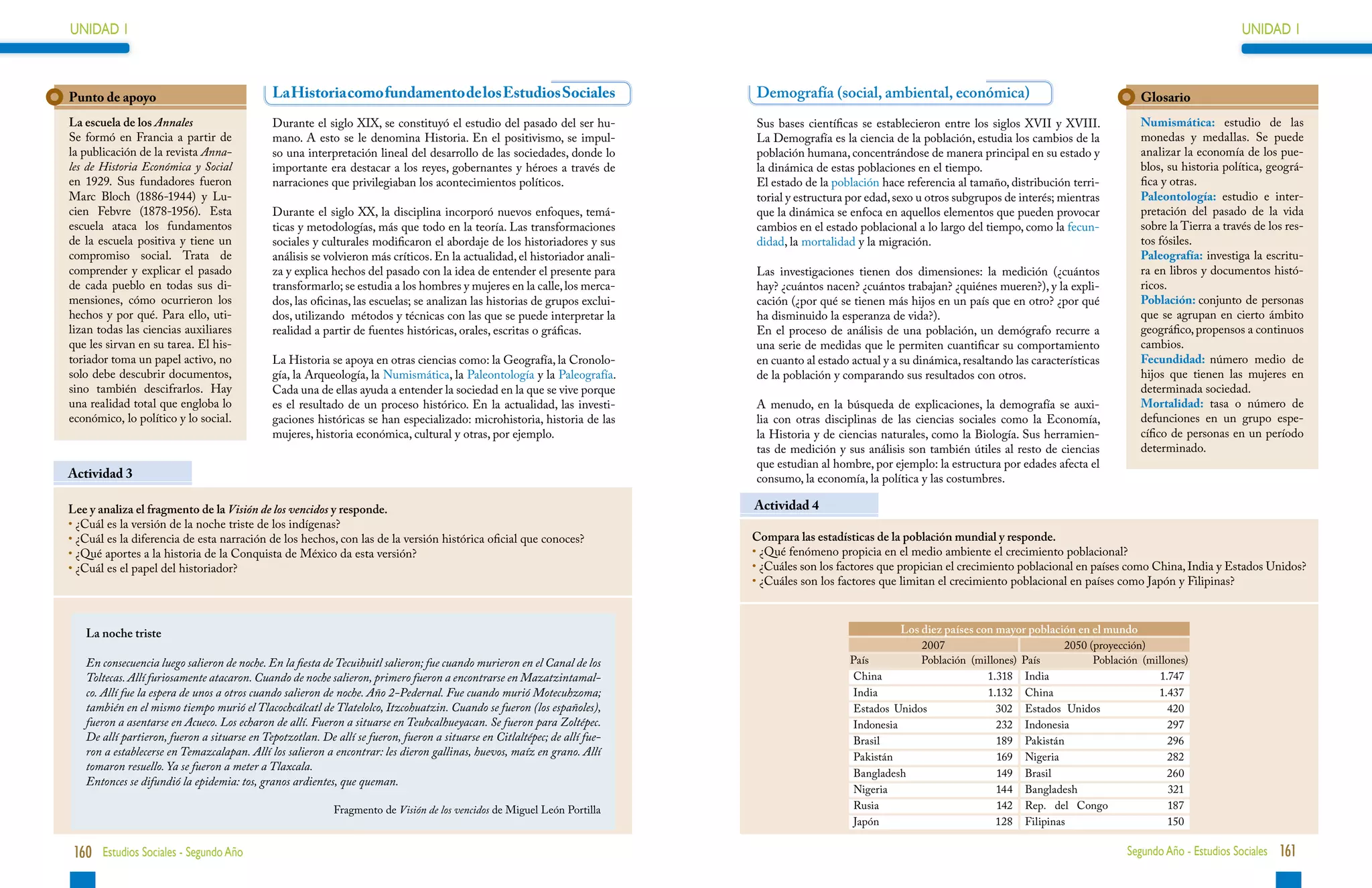 UNIDAD 1                                                                                                                                                                                                                               UNIDAD 1



Punto de apoyo                               La Historia como fundamento de los Estudios Sociales                           Demografía (social, ambiental, económica)                                            Glosario
La escuela de los Annales                    Durante el siglo XIX, se constituyó el estudio del pasado del ser hu-          Sus bases científicas se establecieron entre los siglos XVII y XVIII.                Numismática: estudio de las
Se formó en Francia a partir de              mano. A esto se le denomina Historia. En el positivismo, se impul-             La Demografía es la ciencia de la población, estudia los cambios de la               monedas y medallas. Se puede
la publicación de la revista Anna-           so una interpretación lineal del desarrollo de las sociedades, donde lo        población humana, concentrándose de manera principal en su estado y                  analizar la economía de los pue-
les de Historia Económica y Social           importante era destacar a los reyes, gobernantes y héroes a través de          la dinámica de estas poblaciones en el tiempo.                                       blos, su historia política, geográ-
en 1929. Sus fundadores fueron               narraciones que privilegiaban los acontecimientos políticos.                   El estado de la población hace referencia al tamaño, distribución terri-             fica y otras.
Marc Bloch (1886-1944) y Lu-                                                                                                torial y estructura por edad, sexo u otros subgrupos de interés; mientras            Paleontología: estudio e inter-
cien Febvre (1878-1956). Esta                Durante el siglo XX, la disciplina incorporó nuevos enfoques, temá-            que la dinámica se enfoca en aquellos elementos que pueden provocar                  pretación del pasado de la vida
escuela ataca los fundamentos                ticas y metodologías, más que todo en la teoría. Las transformaciones          cambios en el estado poblacional a lo largo del tiempo, como la fecun-               sobre la Tierra a través de los res-
de la escuela positiva y tiene un            sociales y culturales modificaron el abordaje de los historiadores y sus       didad, la mortalidad y la migración.                                                 tos fósiles.
compromiso social. Trata de                  análisis se volvieron más críticos. En la actualidad, el historiador anali-                                                                                         Paleografía: investiga la escritu-
comprender y explicar el pasado              za y explica hechos del pasado con la idea de entender el presente para        Las investigaciones tienen dos dimensiones: la medición (¿cuántos                    ra en libros y documentos histó-
de cada pueblo en todas sus di-              transformarlo; se estudia a los hombres y mujeres en la calle, los merca-      hay? ¿cuántos nacen? ¿cuántos trabajan? ¿quiénes mueren?), y la expli-               ricos.
mensiones, cómo ocurrieron los               dos, las oficinas, las escuelas; se analizan las historias de grupos exclui-   cación (¿por qué se tienen más hijos en un país que en otro? ¿por qué                Población: conjunto de personas
hechos y por qué. Para ello, uti-            dos, utilizando métodos y técnicas con las que se puede interpretar la         ha disminuido la esperanza de vida?).                                                que se agrupan en cierto ámbito
lizan todas las ciencias auxiliares          realidad a partir de fuentes históricas, orales, escritas o gráficas.          En el proceso de análisis de una población, un demógrafo recurre a                   geográfico, propensos a continuos
que les sirvan en su tarea. El his-                                                                                         una serie de medidas que le permiten cuantificar su comportamiento                   cambios.
toriador toma un papel activo, no            La Historia se apoya en otras ciencias como: la Geografía, la Cronolo-         en cuanto al estado actual y a su dinámica, resaltando las características           Fecundidad: número medio de
solo debe descubrir documentos,              gía, la Arqueología, la Numismática, la Paleontología y la Paleografía.        de la población y comparando sus resultados con otros.                               hijos que tienen las mujeres en
sino también descifrarlos. Hay               Cada una de ellas ayuda a entender la sociedad en la que se vive porque                                                                                             determinada sociedad.
una realidad total que engloba lo            es el resultado de un proceso histórico. En la actualidad, las investi-        A menudo, en la búsqueda de explicaciones, la demografía se auxi-                    Mortalidad: tasa o número de
económico, lo político y lo social.          gaciones históricas se han especializado: microhistoria, historia de las       lia con otras disciplinas de las ciencias sociales como la Economía,                 defunciones en un grupo espe-
                                             mujeres, historia económica, cultural y otras, por ejemplo.                    la Historia y de ciencias naturales, como la Biología. Sus herramien-                cífico de personas en un período
                                                                                                                            tas de medición y sus análisis son también útiles al resto de ciencias               determinado.
                                                                                                                            que estudian al hombre, por ejemplo: la estructura por edades afecta el
Actividad 3                                                                                                                 consumo, la economía, la política y las costumbres.

Lee y analiza el fragmento de la Visión de los vencidos y responde.                                                         Actividad 4
•  Cuál es la versión de la noche triste de los indígenas?
  ¿
•  Cuál es la diferencia de esta narración de los hechos, con las de la versión histórica oficial que conoces?
  ¿                                                                                                                         Compara las estadísticas de la población mundial y responde.
•  Qué aportes a la historia de la Conquista de México da esta versión?
  ¿                                                                                                                         • 
                                                                                                                              ¿Qué fenómeno propicia en el medio ambiente el crecimiento poblacional?
•  Cuál es el papel del historiador?
  ¿                                                                                                                         • 
                                                                                                                              ¿Cuáles son los factores que propician el crecimiento poblacional en países como China, India y Estados Unidos?
                                                                                                                            • 
                                                                                                                              ¿Cuáles son los factores que limitan el crecimiento poblacional en países como Japón y Filipinas?



   La noche triste                                                                                                                                         Los diez países con mayor población en el mundo
                                                                                                                                                               2007                              2050 (proyección)
   En consecuencia luego salieron de noche. En la fiesta de Tecuihuitl salieron; fue cuando murieron en el Canal de los                         País           Población (millones) País                Población (millones)
   Toltecas. Allí furiosamente atacaron. Cuando de noche salieron, primero fueron a encontrarse en Mazatzintamal-                                China                        1.318 India                             1.747
   co. Allí fue la espera de unos a otros cuando salieron de noche. Año 2-Pedernal. Fue cuando murió Motecuhzoma;                                India                        1.132 China                             1.437
   también en el mismo tiempo murió el Tlacochcálcatl de Tlatelolco, Itzcohuatzin. Cuando se fueron (los españoles),                             Estados Unidos                 302 Estados Unidos                      420
   fueron a asentarse en Acueco. Los echaron de allí. Fueron a situarse en Teuhcalhueyacan. Se fueron para Zoltépec.                             Indonesia                      232 Indonesia                           297
   De allí partieron, fueron a situarse en Tepotzotlan. De allí se fueron, fueron a situarse en Citlaltépec; de allí fue-                        Brasil Population Reference Bureau. http://www.prb.org/SpanishContent.aspx
                                                                                                                                                  Fuente:                       189 Pakistán                            296
   ron a establecerse en Temazcalapan. Allí los salieron a encontrar: les dieron gallinas, huevos, maíz en grano. Allí                           Pakistán                        169 Nigeria                            282
   tomaron resuello. Ya se fueron a meter a Tlaxcala.
                                                                                                                                                 Bangladesh                      149 Brasil                             260
   Entonces se difundió la epidemia: tos, granos ardientes, que queman.
                                                                                                                                                 Nigeria                        144 Bangladesh                          321
                                                           Fragmento de Visión de los vencidos de Miguel León Portilla                           Rusia                          142 Rep. del Congo                      187
                                                                                                                                                 Japón                          128 Filipinas                           150

 160 Estudios Sociales - Segundo Año                                                                                                                                                                          Segundo Año - Estudios Sociales 161
 