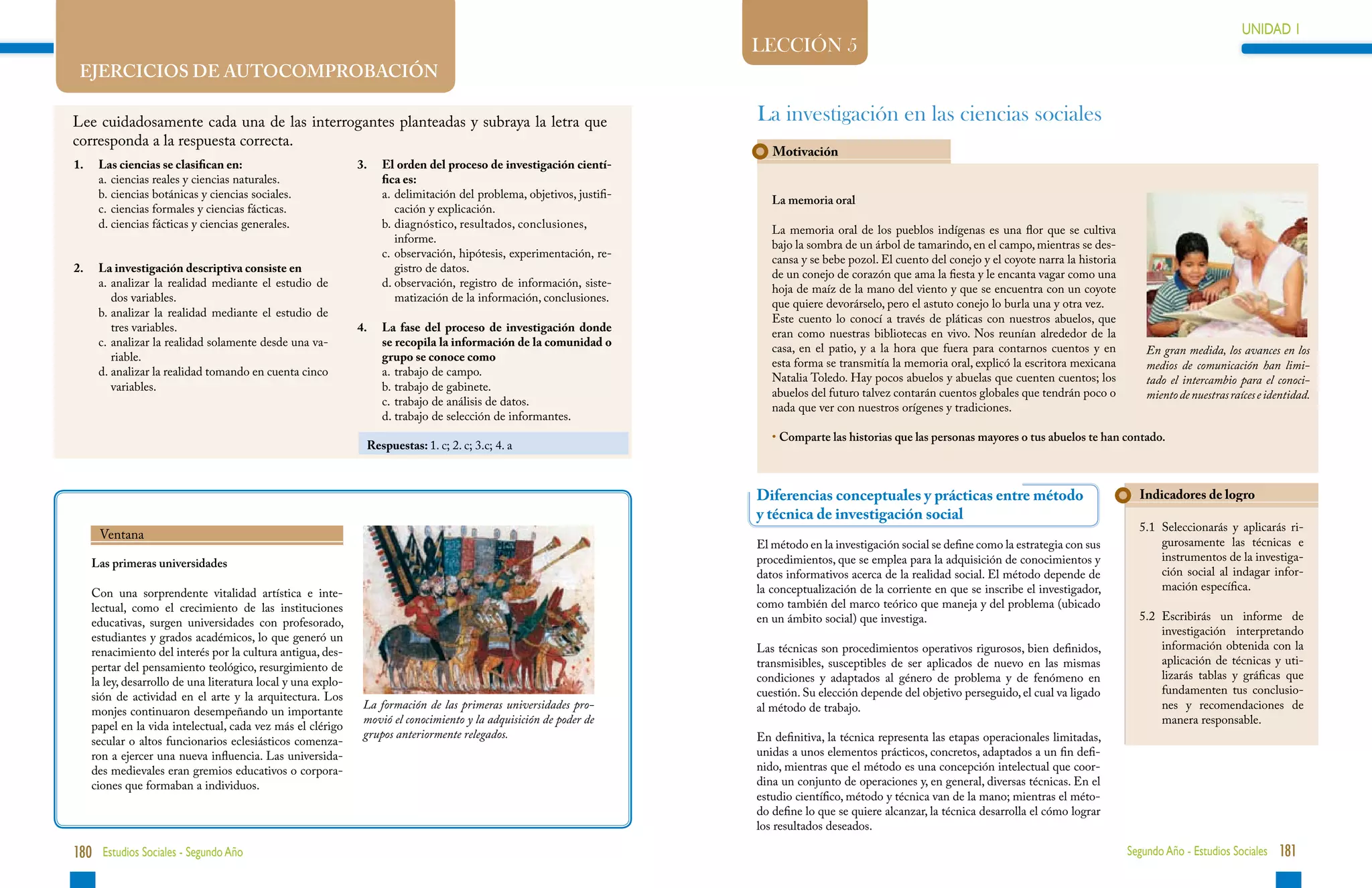 UNIDAD 1                                                                                                                                                                                                                          UNIDAD 1
                                                                                                                          LECCIÓN 5
    EJERCICIOS DE AUTOCOMPROBACIÓN

Lee cuidadosamente cada una de las interrogantes planteadas y subraya la letra que                                        La investigación en las ciencias sociales
corresponda a la respuesta correcta.
                                                                                                                             Motivación
1.	    Las ciencias se clasifican en:                           3. 	 El orden del proceso de investigación cientí-
	      a.	 ciencias reales y ciencias naturales.                     fica es:
	      b.	 iencias botánicas y ciencias sociales.
           c                                                    	    a.	 elimitación del problema, objetivos, justifi-
                                                                        d                                                    La memoria oral
	      c.	 ciencias formales y ciencias fácticas.                       cación y explicación.
	      d.	 iencias fácticas y ciencias generales.
           c                                                    	    b.	 iagnóstico, resultados, conclusiones, 	
                                                                        d                                                    La memoria oral de los pueblos indígenas es una flor que se cultiva
                                                                        informe.                                             bajo la sombra de un árbol de tamarindo, en el campo, mientras se des-
                                                                	    c.	 bservación, hipótesis, experimentación, re-
                                                                        o                                                    cansa y se bebe pozol. El cuento del conejo y el coyote narra la historia
2.	    La investigación descriptiva consiste en                         gistro de datos.                                     de un conejo de corazón que ama la fiesta y le encanta vagar como una
	      a.	nalizar la realidad mediante el estudio de
          a                                                     	    d.	 bservación, registro de información, siste-
                                                                        o                                                    hoja de maíz de la mano del viento y que se encuentra con un coyote
          dos variables.                                                matización de la información, conclusiones.          que quiere devorárselo, pero el astuto conejo lo burla una y otra vez.
	      b.	nalizar la realidad mediante el estudio de
          a                                                                                                                  Este cuento lo conocí a través de pláticas con nuestros abuelos, que
          tres variables.                                       4.	 La fase del proceso de investigación donde               eran como nuestras bibliotecas en vivo. Nos reunían alrededor de la
	      c.	 nalizar la realidad solamente desde una va-
          a                                                         se recopila la información de la comunidad o             casa, en el patio, y a la hora que fuera para contarnos cuentos y en           En gran medida, los avances en los
          riable.                                                   grupo se conoce como                                     esta forma se transmitía la memoria oral, explicó la escritora mexicana        medios de comunicación han limi-
	      d.	 nalizar la realidad tomando en cuenta cinco
          a                                                     	   a.	 rabajo de campo.
                                                                        t                                                    Natalia Toledo. Hay pocos abuelos y abuelas que cuenten cuentos; los           tado el intercambio para el conoci-
          variables.                                            	   b.	 rabajo de gabinete.
                                                                        t                                                    abuelos del futuro talvez contarán cuentos globales que tendrán poco o         miento de nuestras raíces e identidad.
                                                                	   c.	 trabajo de análisis de datos.                        nada que ver con nuestros orígenes y tradiciones.
                                                                	   d.	 rabajo de selección de informantes.
                                                                        t
                                                                                                                             •  omparte las historias que las personas mayores o tus abuelos te han contado.
                                                                                                                               C
                                                                  Respuestas: 1. c; 2. c; 3.c; 4. a



                                                                                                                          Diferencias conceptuales y prácticas entre método                                Indicadores de logro
                                                                                                                          y técnica de investigación social
                                                                                                                                                                                                           5.1	 eleccionarás y aplicarás ri-
                                                                                                                                                                                                               S
       Ventana
                                                                                                                          El método en la investigación social se define como la estrategia con sus            gurosamente las técnicas e
                                                                                                                          procedimientos, que se emplea para la adquisición de conocimientos y                 instrumentos de la investiga-
      Las primeras universidades
                                                                                                                          datos informativos acerca de la realidad social. El método depende de                ción social al indagar infor-
                                                                                                                          la conceptualización de la corriente en que se inscribe el investigador,             mación específica.
      Con una sorprendente vitalidad artística e inte-
      lectual, como el crecimiento de las instituciones                                                                   como también del marco teórico que maneja y del problema (ubicado
                                                                                                                          en un ámbito social) que investiga.                                              5.2	
                                                                                                                                                                                                               Escribirás un informe de
      educativas, surgen universidades con profesorado,
                                                                                                                                                                                                               investigación interpretando
      estudiantes y grados académicos, lo que generó un
                                                                                                                          Las técnicas son procedimientos operativos rigurosos, bien definidos,                información obtenida con la
      renacimiento del interés por la cultura antigua, des-
                                                                                                                          transmisibles, susceptibles de ser aplicados de nuevo en las mismas                  aplicación de técnicas y uti-
      pertar del pensamiento teológico, resurgimiento de
                                                                                                                          condiciones y adaptados al género de problema y de fenómeno en                       lizarás tablas y gráficas que
      la ley, desarrollo de una literatura local y una explo-
                                                                                                                          cuestión. Su elección depende del objetivo perseguido, el cual va ligado             fundamenten tus conclusio-
      sión de actividad en el arte y la arquitectura. Los
                                                                 La formación de las primeras universidades pro-          al método de trabajo.                                                                nes y recomendaciones de
      monjes continuaron desempeñando un importante
                                                                 movió el conocimiento y la adquisición de poder de                                                                                            manera responsable.
      papel en la vida intelectual, cada vez más el clérigo
                                                                 grupos anteriormente relegados.                          En definitiva, la técnica representa las etapas operacionales limitadas,
      secular o altos funcionarios eclesiásticos comenza-
      ron a ejercer una nueva influencia. Las universida-                                                                 unidas a unos elementos prácticos, concretos, adaptados a un fin defi-
      des medievales eran gremios educativos o corpora-                                                                   nido, mientras que el método es una concepción intelectual que coor-
      ciones que formaban a individuos.                                                                                   dina un conjunto de operaciones y, en general, diversas técnicas. En el
                                                                                                                          estudio científico, método y técnica van de la mano; mientras el méto-
                                                                                                                          do define lo que se quiere alcanzar, la técnica desarrolla el cómo lograr
                                                                                                                          los resultados deseados.

180 Estudios Sociales - Segundo Año                                                                                                                                                                      Segundo Año - Estudios Sociales 181
 