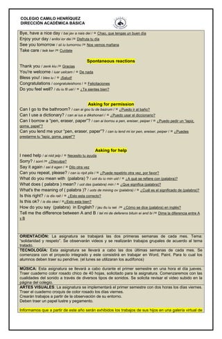 COLEGIO CAMILO HENRÍQUEZ
DIRECCIÓN ACADÉMICA BÁSICA
Bye, have a nice day / bai jav a nais dei / = Chao, que tengas un buen día
Enjoy your day / enlloi ior dei /= Disfruta tu día
See you tomorrow / sii iu tumorrou /= Nos vemos mañana
Take care / teik ker /= Cuídate
Spontaneous reactions
Thank you / zenk kiu /= Gracias
You're welcome / iuar uelcam / = De nada
Bless you! / bles iu / = ¡Salud!
Congratulations / congratuleishons / = Felicitaciones
Do you feel well? / du iu fil uel / = ¿Te sientes bien?
Asking for permission
Can I go to the bathroom? / can ai gou tu de bazrum / = ¿Puedo ir al baño?
Can I use a dictionary? / can ai ius a dikshonari / = ¿Puedo usar el diccionario?
Can I borrow a “pen, eraser, paper”? / can ai borrou a pen, ereiser, peiper / = ¿Puedo pedir un “lapiz,
goma, papel”?
Can you lend me your “pen, eraser, paper”? / can iu lend mi ior pen, ereiser, peiper / = ¿Puedes
prestarme tu “lapiz, goma, papel”?
Asking for help
I need help / ai niid jelp / = Necesito tu ayuda
Sorry? / sorri /= ¿Disculpa?
Say it again / sei it egen / = Dilo otra vez
Can you repeat, please? / can iu ripit plis / = ¿Puede repetirlo otra vez, por favor?
What do you mean with (palabra) ? / uot du iu min uid / = ¿A qué se refiere con (palabra)?
What does ( palabra ) mean? / uot das (palabra) min / = ¿Que significa (palabra)?
What's the meaning of ( palabra )? / uots de mining ov (palabra) / = ¿Cuál es el significado de (palabra)?
Is this right? / is dis rait / = ¿Esto esta correcto?
Is this ok? / is dis okei / =¿Esto esta bien?
How do you say (palabra) in English? / jau du iu sei /= ¿Cómo se dice (palabra) en inglés?
Tell me the difference between A and B / tel mi de deferens bituin ei and bi /= Dime la diferencia entre A
y B
ORIENTACIÓN: La asignatura se trabajará las dos primeras semanas de cada mes. Tema:
“solidaridad y respeto”. Se observarán videos y se realizarán trabajos grupales de acuerdo al tema
tratado.
TECNOLOGÍA: Esta asignatura se llevará a cabo las dos últimas semanas de cada mes. Se
comenzara con el proyecto integrado y este consistirá en trabajar en Word, Paint. Para lo cual los
alumnos deben traer su pendrive. (el lunes se utilizaran los audífonos)
MÚSICA: Esta asignatura se llevará a cabo durante el primer semestre en una hora el día jueves.
Traer cuaderno color rosado chico de 40 hojas, solicitado para la asignatura. Comenzaremos con las
cualidades del sonido a través de diversos tipos de sonidos. Se solicita revisar el video subido en la
página del colegio.
ARTES VISUALES: La asignatura se implementará el primer semestre con dos horas los días viernes.
Traer el cuaderno croquis de color rosado los días viernes.
Crearán trabajos a partir de la observación de su entorno.
Deben traer un papel lustre y pegamento.
Informamos que a partir de este año serán exhibidos los trabajos de sus hijos en una galería virtual de
 