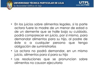 En los juicios sobre alimentos legales, si la parte actora fuere la madre de un menor de edad o de un demente que se halle bajo su cuidado, podrá comparecer en juicio, por sí misma, para demandar alimentos para su hijo, al padre de éste o a cualquier persona que tenga obligación de suministrarlos La actora no podrá demandar, en un mismo juicio, alimentos para sí para su hijo Las resoluciones que se pronuncian sobre alimentos no causan ejecutoria 