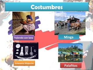 Costumbres



Tejiendo con lana          Minga




Artesanía Mapuche
                           Palafitos
 