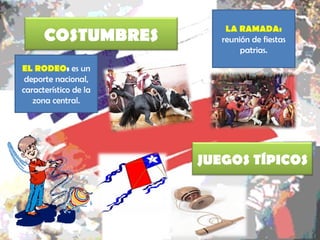 LA RAMADA:
      COSTUMBRES          reunión de fiestas
                               patrias.

EL RODEO: es un
 deporte nacional,
característico de la
   zona central.




                       JUEGOS TÍPICOS
 