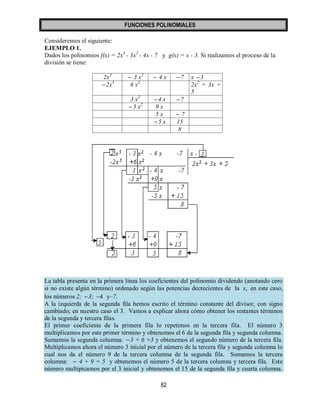 FUNCIONES POLINOMIALES 
82 
Consideremos el siguiente: 
EJEMPLO 1. 
Dados los polinomios f(x) = 2x3 - 3x2 - 4x - 7 y g(x) = x - 3. Si realizamos el proceso de la 
división se tiene: 
2x3  3 x2  4 x 7 x 3 
2x3 6 x2 2x2 + 3x + 
5 
3 x2 4 x 7 
3 x2 9 x 
5 x  7 
5 x 15 
8 
La tabla presenta en la primera línea los coeficientes del polinomio dividendo (anotando cero 
si no existe algún término) ordenado según las potencias decrecientes de la x, en este caso, 
los números 2; 3; 4 y–7. 
A la izquierda de la segunda fila hemos escrito el término constante del divisor, con signo 
cambiado; en nuestro caso el 3. Vamos a explicar ahora cómo obtener los restantes términos 
de la segunda y tercera filas. 
El primer coeficiente de la primera fila lo repetimos en la tercera fila. El número 3 
multiplicamos por este primer término y obtenemos el 6 de la segunda fila y segunda columna. 
Sumamos la segunda columna: 3 + 6 =3 y obtenemos el segundo número de la tercera fila. 
Multiplicamos ahora el número 3 inicial por el número de la tercera fila y segunda columna lo 
cual nos da el número 9 de la tercera columna de la segunda fila. Sumamos la tercera 
columna:  4 + 9 = 5 y obtenemos el número 5 de la tercera columna y tercera fila. Este 
número multipicamos por el 3 inicial y obtenemos el 15 de la segunda fila y cuarta columna. 
 