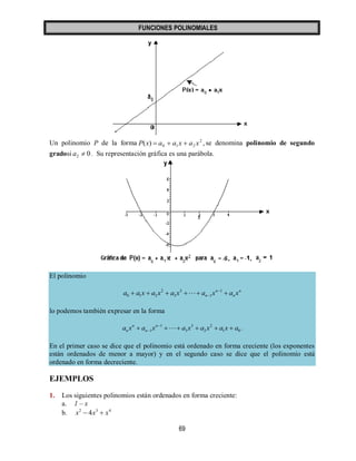 FUNCIONES POLINOMIALES 
69 
Un polinomio P de la forma ( ) , 2 
0 1 2 P x  a  a x  a x se denomina polinomio de segundo 
gradosi 0 2 a  . Su representación gráfica es una parábola. 
El polinomio 
n 
n 
n 
n a  a x  a x  a x   a x  a x  
 
1 
1 
3 
3 
2 
0 1 2  
lo podemos también expresar en la forma 
1 0 
2 
2 
3 
3 
1 
1 a x a x a x a x a x a n 
n 
n 
n        
  . 
En el primer caso se dice que el polinomio está ordenado en forma creciente (los exponentes 
están ordenados de menor a mayor) y en el segundo caso se dice que el polinomio está 
ordenado en forma decreciente. 
EJEMPLOS 
1. Los siguientes polinomios están ordenados en forma creciente: 
a. 1 – x 
b. 2 3 4 x  4x  x 
 