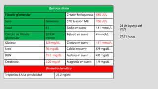 Química clínica
Filtrado glomerular Creatin fosfoquinasa 640 UI/L
Sexo Femenino CPK Fracción MB 106 UI/L
Edad 83 Sodio en suero 141 mmol/L
Calculo de filtrado
glomerular
22.634
ml/min
Potasio en suero 4 mmol/L
Glucosa 129 mg/dL Cloruro en suero 111 mmol/L
Urea 76 mg/dL Calcio en suero 8.9 mg/dL
BUN 35.5 mg/dL Fosforo en suero 4.0 mg/dL
Creatinina 2.20 mg/dl Magnesio en suero 1.9 mg/dL
Biometría hemática
Troponina I Alta sensibilidad 25.2 ng/ml
28 de agosto del
2022
07:31 horas
 