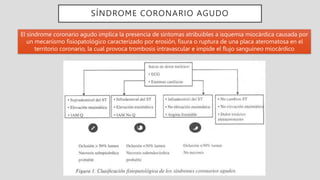 SÍNDROME CORONARIO AGUDO
El síndrome coronario agudo implica la presencia de síntomas atribuibles a isquemia miocárdica causada por
un mecanismo fisiopatológico caracterizado por erosión, fisura o ruptura de una placa ateromatosa en el
territorio coronario, la cual provoca trombosis intravascular e impide el flujo sanguíneo miocárdico
 