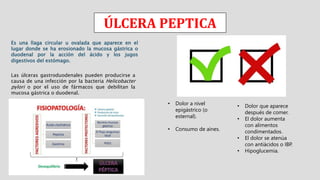 ÚLCERA PEPTICA
Es una llaga circular u ovalada que aparece en el
lugar donde se ha erosionado la mucosa gástrica o
duodenal por la acción del ácido y los jugos
digestivos del estómago.
Las úlceras gastroduodenales pueden producirse a
causa de una infección por la bacteria Helicobacter
pylori o por el uso de fármacos que debilitan la
mucosa gástrica o duodenal.
• Dolor a nivel
epigástrico (o
esternal).
• Consumo de aines.
• Dolor que aparece
después de comer.
• El dolor aumenta
con alimentos
condimentados.
• El dolor se atenúa
con antiácidos o IBP.
• Hipoglucemia.
 