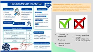 El tromboembolismo pulmonar (TEP) es la oclusión o
taponamiento de una parte del territorio arterial pulmonar (vasos
sanguíneos que llevan sangre pobre en oxígeno desde el corazón
hasta los pulmones para oxigenarla) a causa de un émbolo o
trombo que procede de otra parte del cuerpo.
• Dolor torácico
subesternal
• Taquipnea
• Elevación enzimas
cardíacas
• Frecuencia cardiaca
normal
• No hay antecedente
de TEP ni quirúrgicos.
 