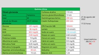 Química clínica
Filtrado glomerular Fosfatasa alcalina 119 U/L
Sexo Femenino Gamma glutamiltransferasa 13 U/L
Edad 83 Deshidrogenasa láctica 299 U/L
Calculo de filtrado
glomerular
20.37 ml/min Creatin fosfoquinasa 695 UI/L
Glucosa 291 mg/dL CPK Fracción MB 105UI/L
Urea 86 mg/dL Lactato 1.8 mmol/L
BUN 40.2 mg/dL Sodio en suero 134 mmol/L
Creatinina 2.40 mg/dL Potasio en suero 4.60 mmol/L
Proteínas totales 7.4 g/dL Cloruro en suero 104 mmol/L
Albumina en suero 4.1 g/dL Calcio en suero 9.9 mg/dL
Bilirrubina Total 0.20 mg/dL Fosforo en suero 3.6 mg/dL
Bilirrubina Conjugada 0.00 mg/dL Magnesio en suero 2.1 mg/dL
Aspartato aminotransferasa 83 U/L Globulina 3.30 g/dL
Alanina aminotransferasa 15 U/L Relación A/G 1.24
Urea/creatinina
: 86/2.4 =35
IRC
27 de agosto del
2022
17:33 horas
 