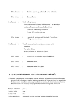 10ma. Semana        :            Revisión de avance y acabados de curvas cicloidales.


      11va. Semana        :            Examen Parcial.


12va. Semana      :           Teoría de Proyecciones.
                                Proyección ortogonal (Sistema ISO Americano e ISO Europeo)
                                Lámina de Proyecciones Ortogonales Isométricas
                                       Corrección de trazados y sugerencias.
                                       Avance de la Lámina en el aula.


      13va. Semana        :            Acabado de la entrega de la Lámina de Proyecciones
                                       Ortogonales Isométricas.


14va. Semana      :           Trazado de arcos, circunferencia y curvas en proyección
                                isométrica.
                                Proyección oblicua
                                Avance de Lámina de Proyección Oblicua


      15va. Semana        :            Culminación de Lámina de Proyección Oblicua


      16va. Semana        :            EXAMEN FINAL.


      17va. Semana        :            EXAMEN SUSTITUTORIO




 8. SISTEMA DE EVALUCION Y REQUERIMIENTOS DE EVALUACIÓN

El sistema de evaluación que se utilizara será como se estipula el reglamento de la universidad para la
       aprobación de la signatura se requiere la asistencia superior al 70% de las clases la evaluación de
       los trabajos será encuadrado dentro del promedio de las laminas, de dibujo instrumental la nota
       final aprobatoria será de once (11), cuyo promedio resultara de la siguiente evaluación:


Promedio de Laminas           peso 2
Examen Parcial                Peso 1
Examen Final                  Peso 1
Examen Sustitutorio           Sustitutorio las notas mas bajas de los exámenes parcial y final
 
